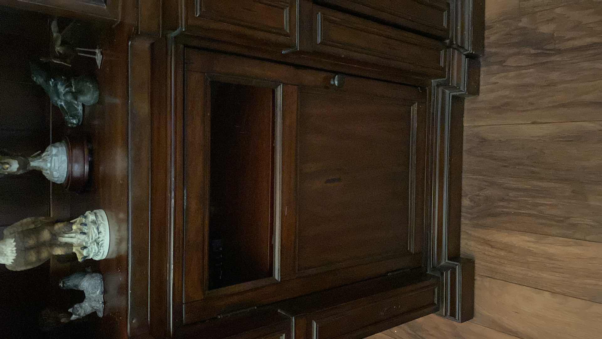 Photo 1 of 6 PIECE SOLID WOOD ENTERTAINMENT CENTER WITH ELECTRIC FIREPLACE 115” X 18” H 84” NOTE: GLASS AND DOOR PANEL FOR BOTTOM CABINET DOORS ARE IN BOXES!