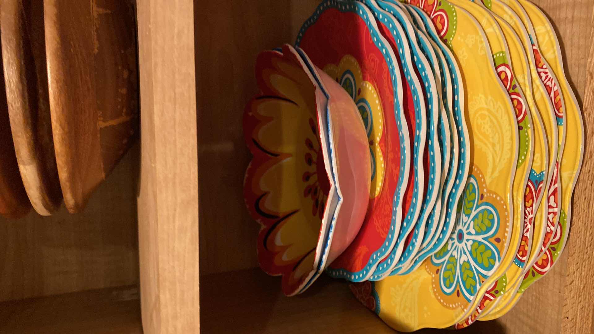 Photo 1 of CONTENTS KITCHEN CABINET MELAMINE DISHES, CERAMIC SERVE WARE AND WOOD BOWLS