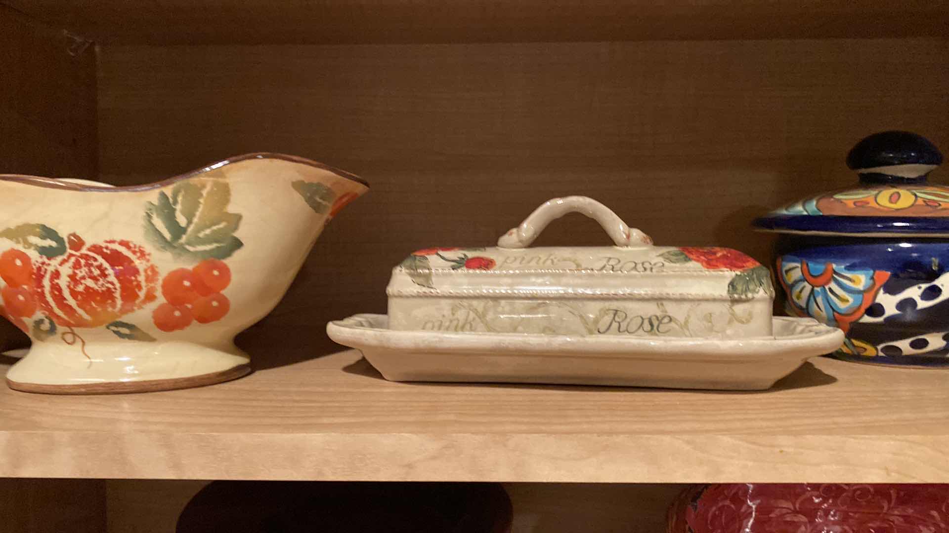 Photo 1 of CONTENTS KITCHEN CABINET MELAMINE DISHES, CERAMIC SERVE WARE AND WOOD BOWLS