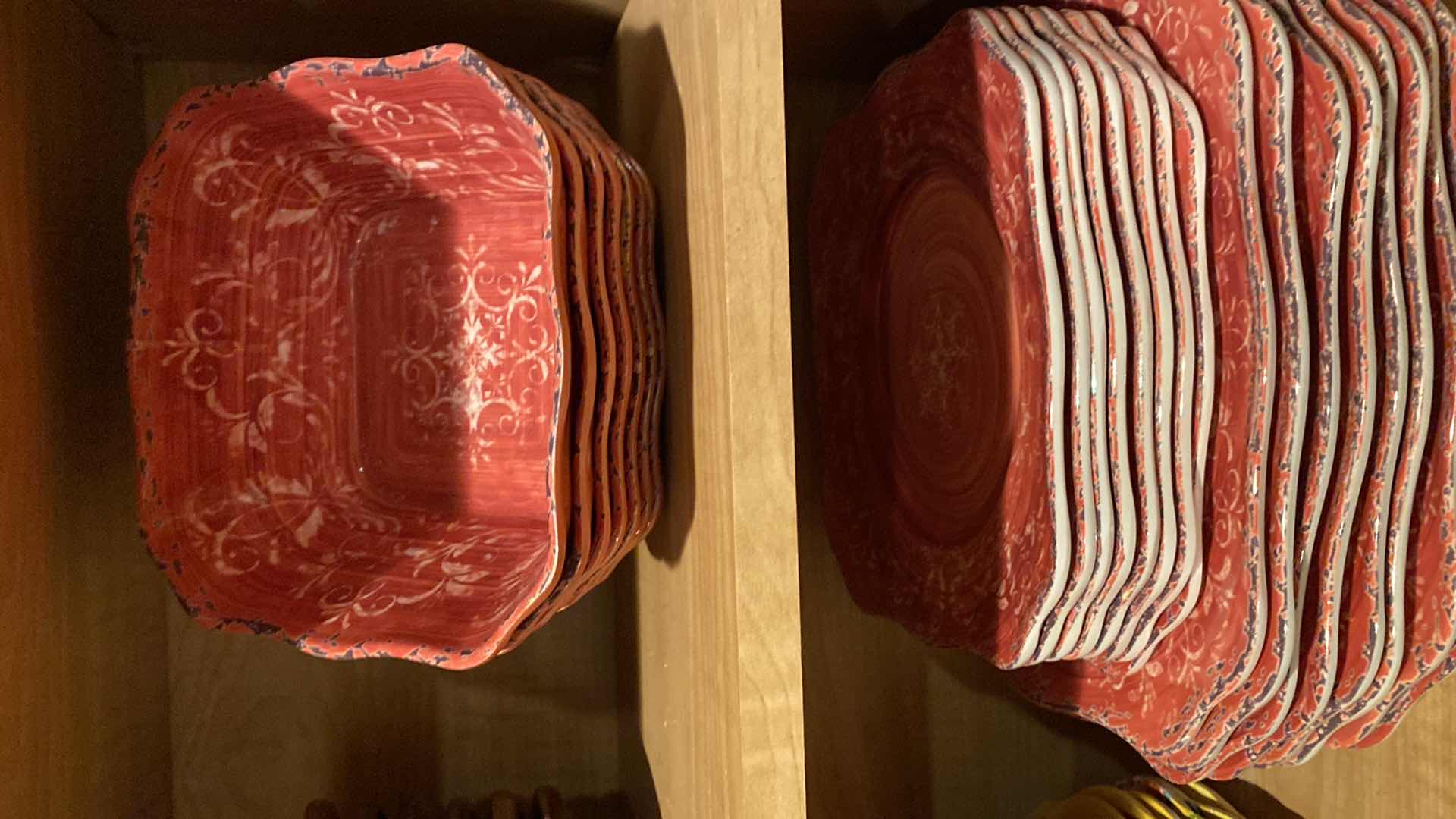 Photo 1 of CONTENTS KITCHEN CABINET MELAMINE DISHES, CERAMIC SERVE WARE AND WOOD BOWLS