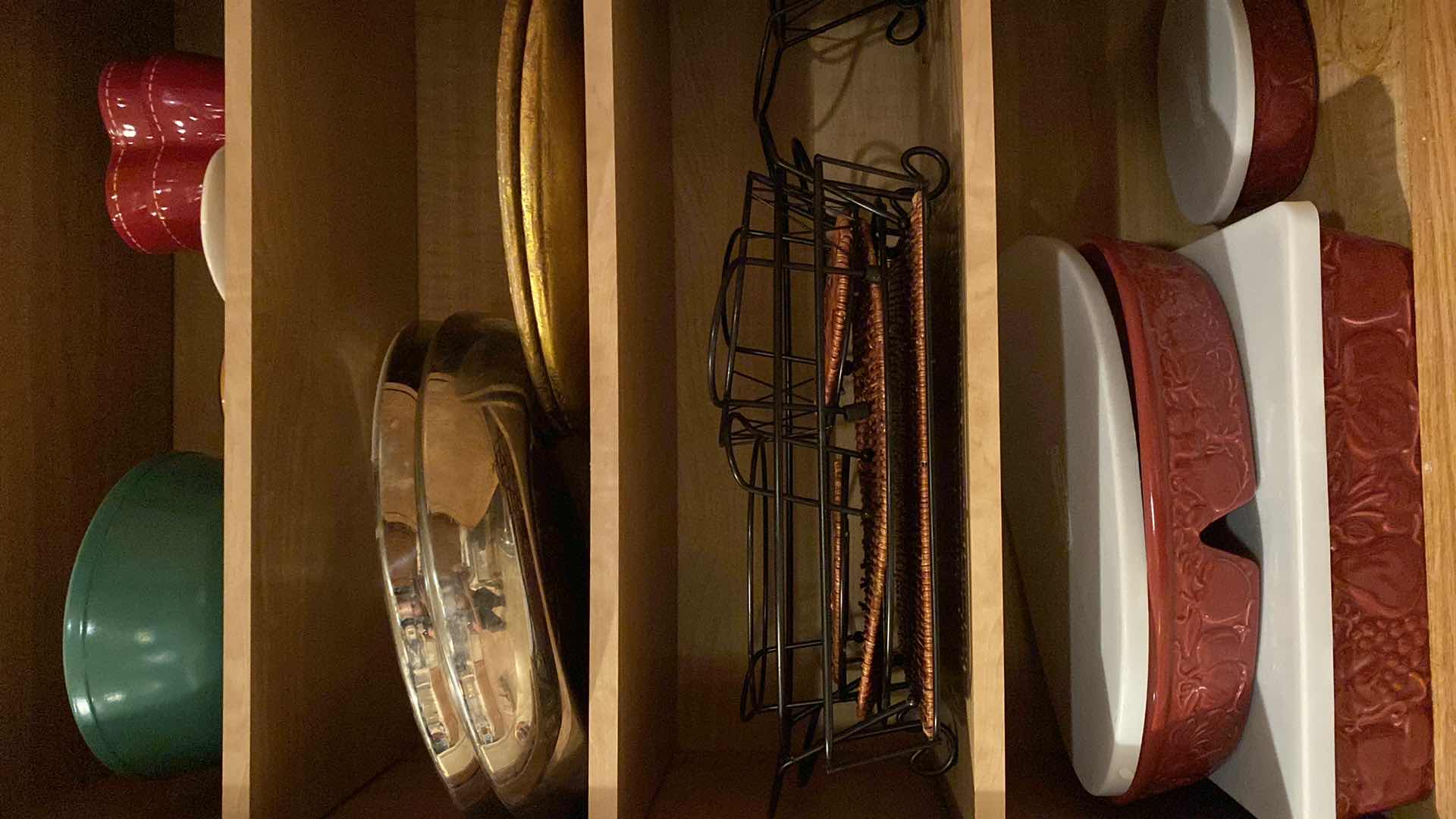 Photo 1 of CONTENTS KITCHEN CABINET CERAMIC BAKEWARE AND WICKER AND METAL SERVE WARE