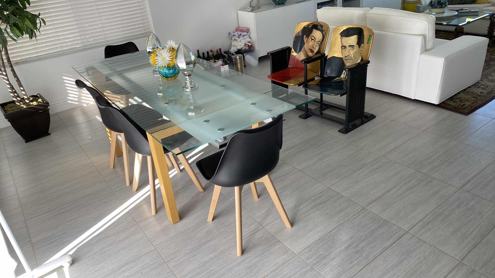 Photo 1 of MODERN FROSTED GLASS DINING TABLE WITH 4 CHAIRS 63“ x 35 1/2“ H 30” FULLY EXTENDED AS PICTURED  87” x 35 1/2” H 30”