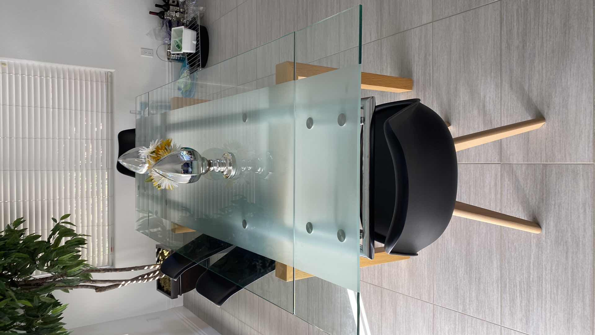 Photo 1 of MODERN FROSTED GLASS DINING TABLE WITH 4 CHAIRS 63“ x 35 1/2“ H 30” FULLY EXTENDED AS PICTURED  87” x 35 1/2” H 30”