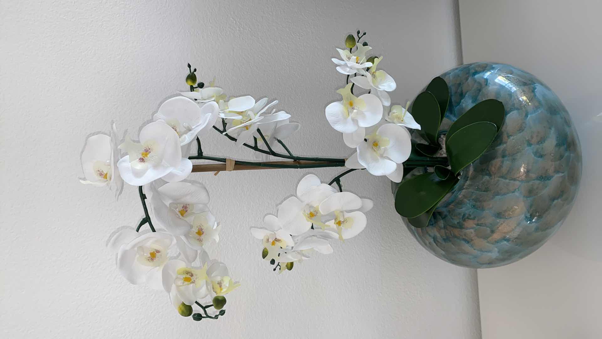 Photo 2 of ART-GLASS VASE WITH FAUX ORCHID   VASE MEASURES 15 1/2” x 12”