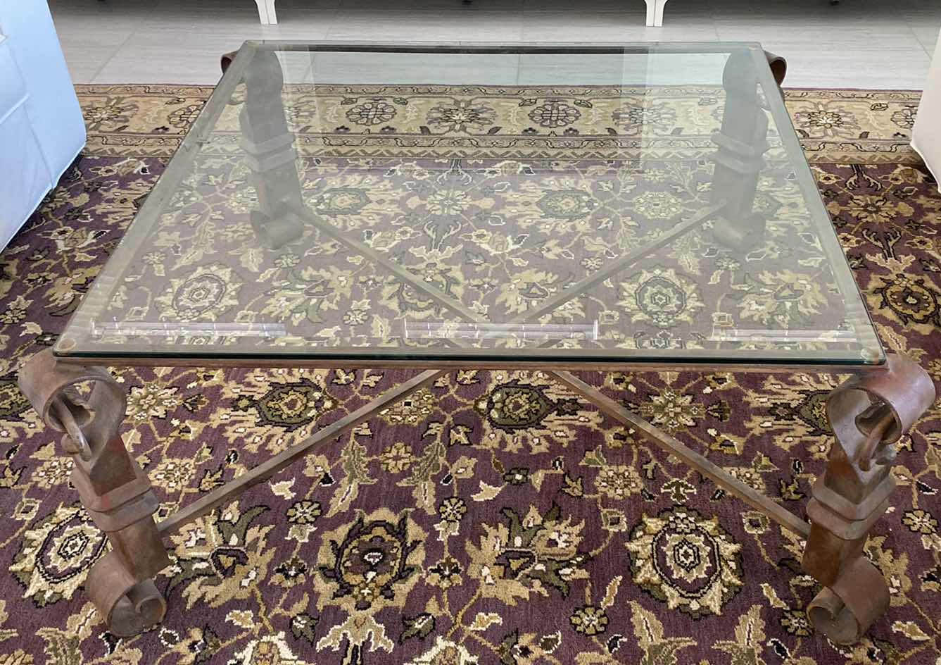 Photo 1 of BEVELED GLASS AND IRON COFFEE TABLE 41“ x 41“ H 18”