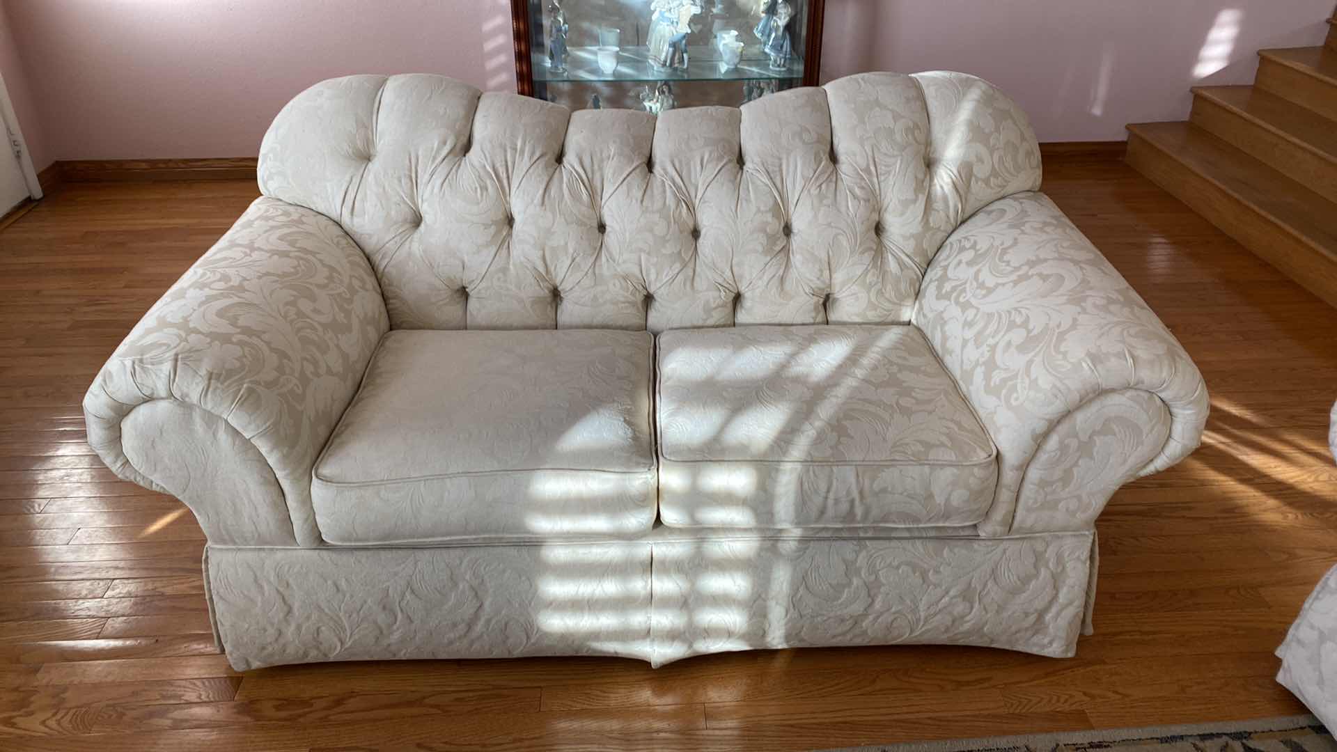 Photo 1 of 74” CREAM BROCADE UPHOLSTERY LOVE SEAT