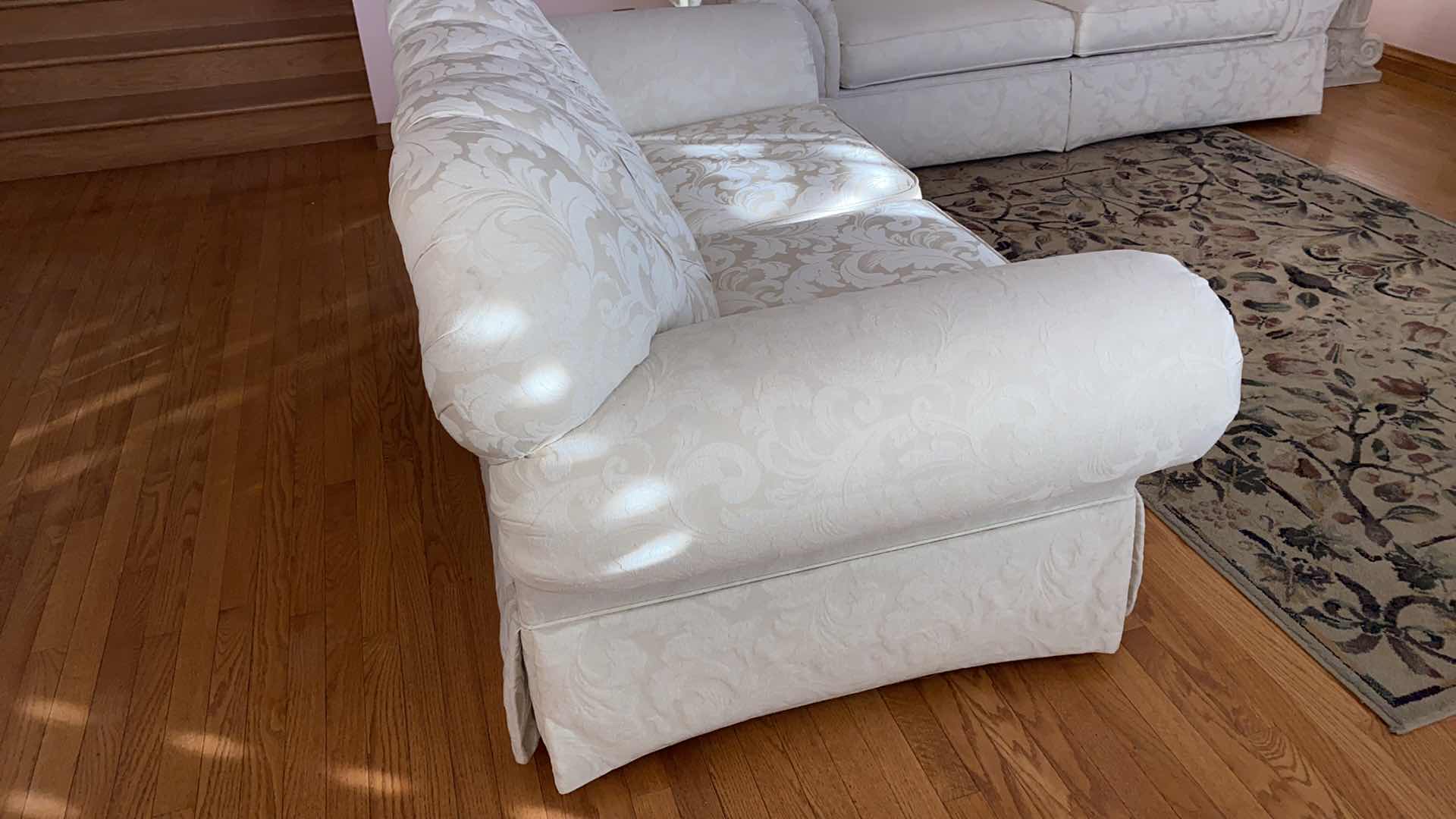 Photo 3 of 74” CREAM BROCADE UPHOLSTERY LOVE SEAT