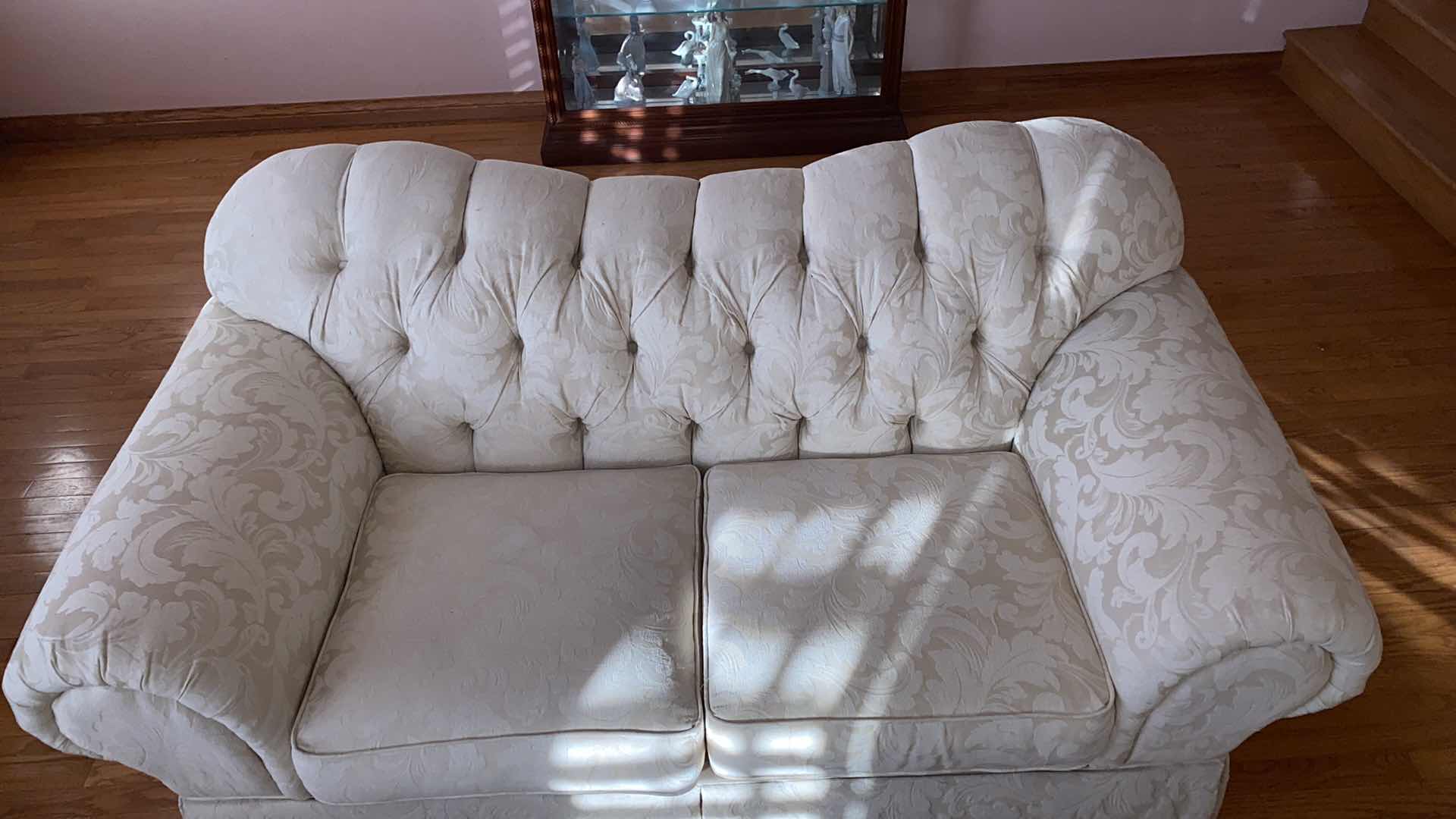 Photo 2 of 74” CREAM BROCADE UPHOLSTERY LOVE SEAT