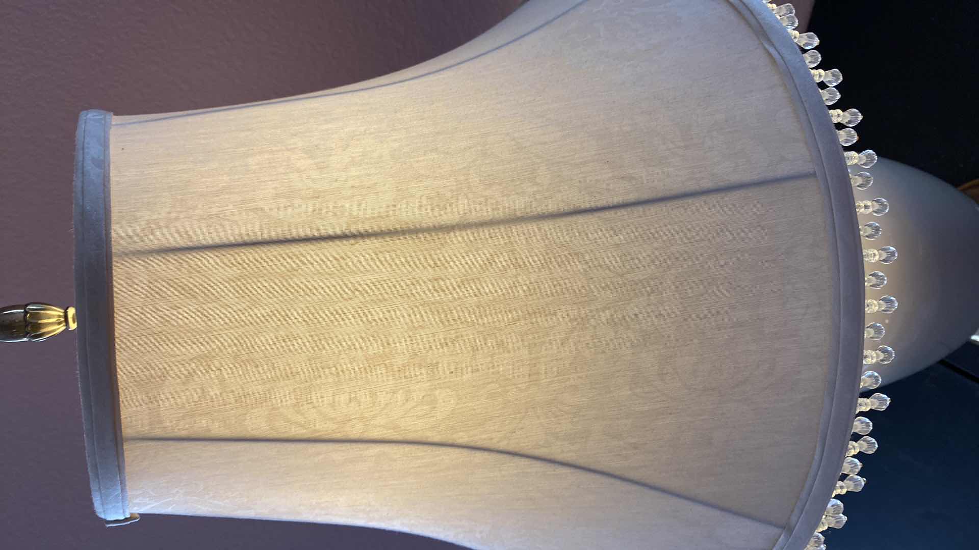 Photo 1 of GLASS CREAM COLOR TABLE LAMP W FABRIC SHADE H 34”