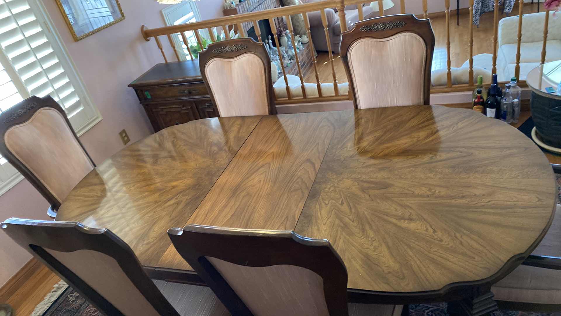 Photo 2 of FORMAL DINING ROOM TABLE WITH 6  CHAIRS AND 2 LEAFS, TABLE FELTS MEASUREMENT WITHOUT LEAFS 65“ x 43 1/2“ H 29 1/2” LEAFS 18”