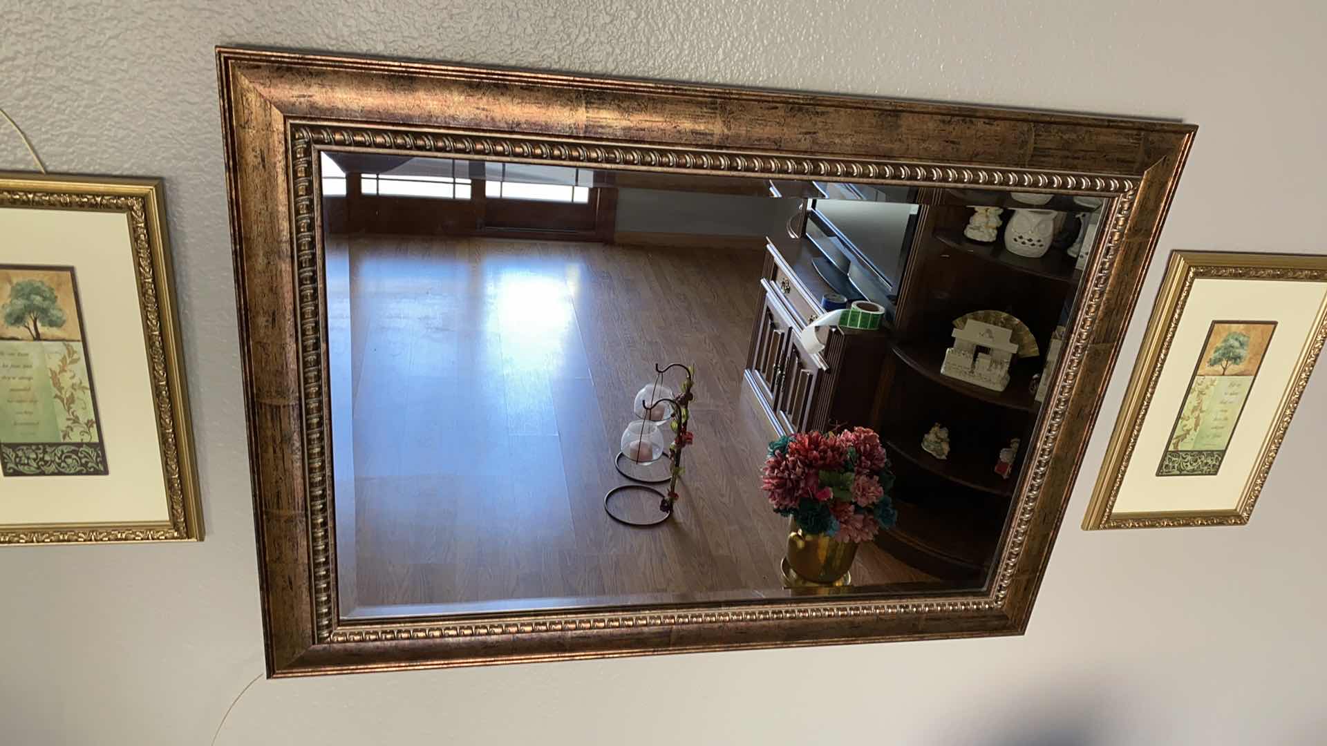 Photo 1 of GOLD BURNISHED BEVELED MIRROR 42” x 31” AND 2 FRAMED QUOTES ARTWORK 11” X 16”