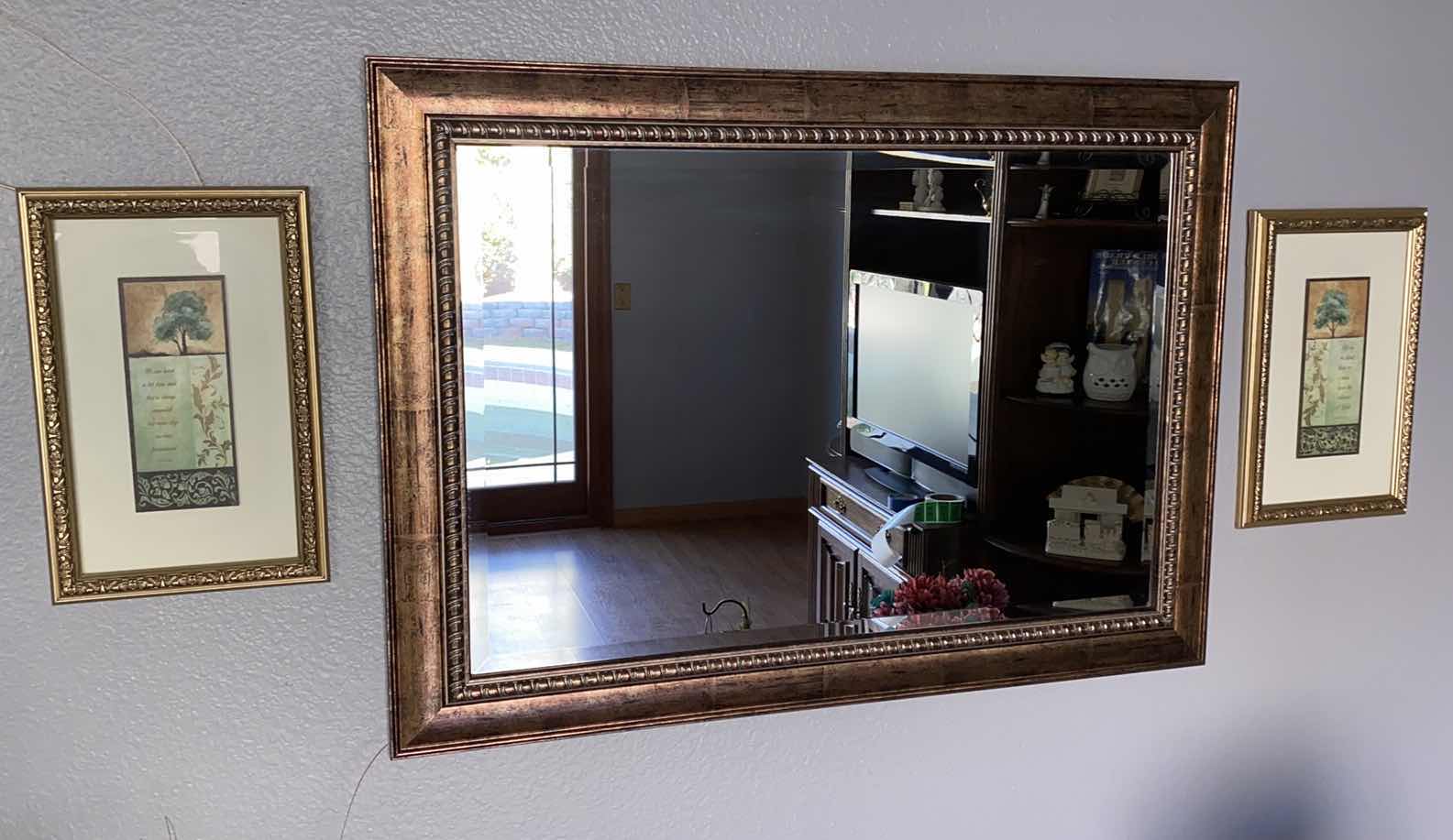 Photo 1 of GOLD BURNISHED BEVELED MIRROR 42” x 31” AND 2 FRAMED QUOTES ARTWORK 11” X 16”