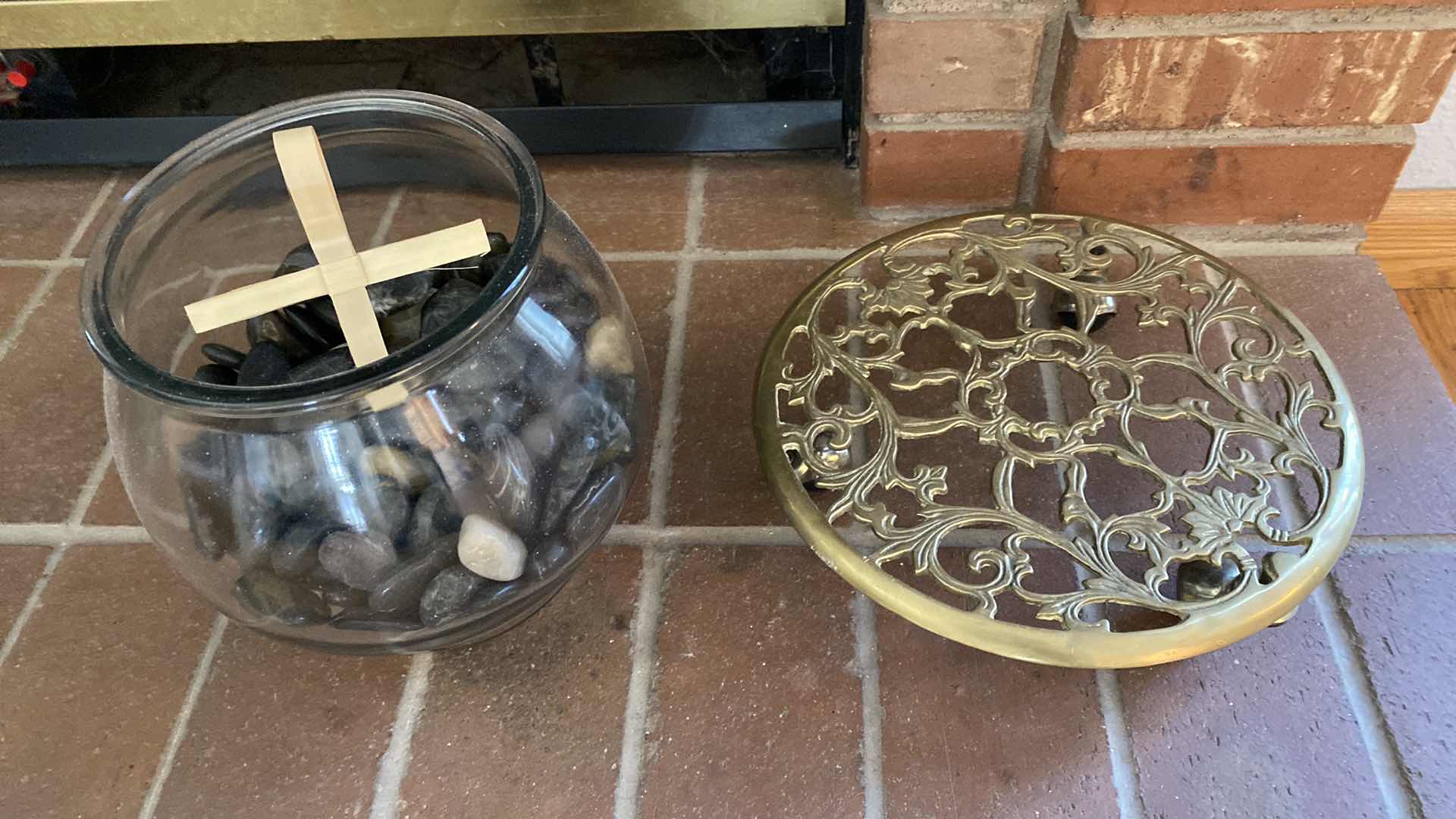 Photo 1 of GLASS BOWL OF ROCKS AND PLANT STAND ON WHEELS