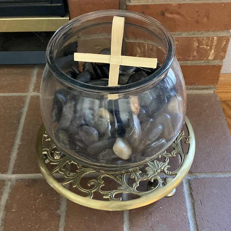Photo 1 of GLASS BOWL OF ROCKS AND PLANT STAND ON WHEELS
