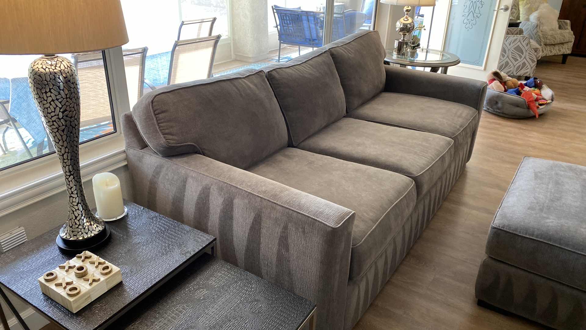 Photo 1 of 87” JONATHAN LEWIS GRAY FABRIC SOFA AND OTTOMAN