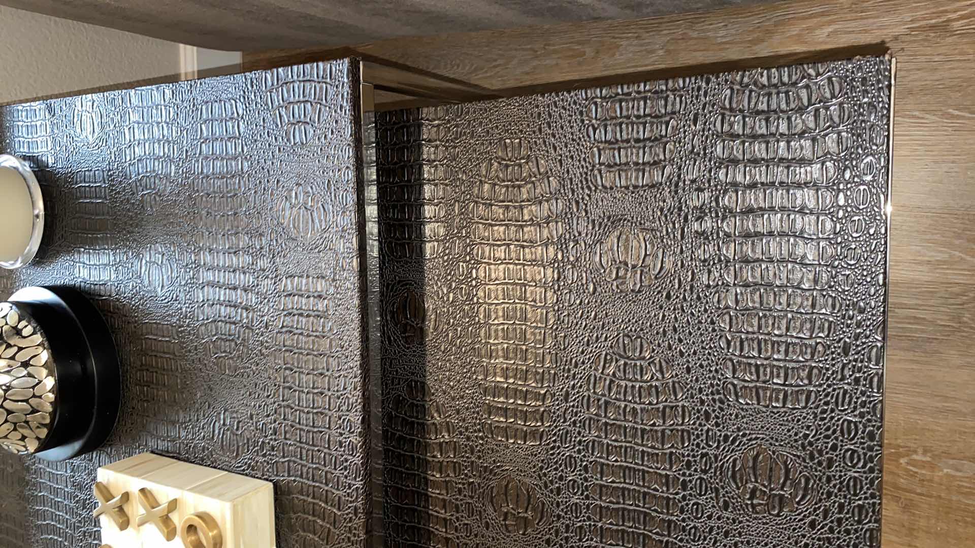 Photo 1 of $800 URBAN CHIC  EMBOSSED LEATHER BLACK AND CHROME STACKING TABLES LARGEST 20” X 20” H 20”