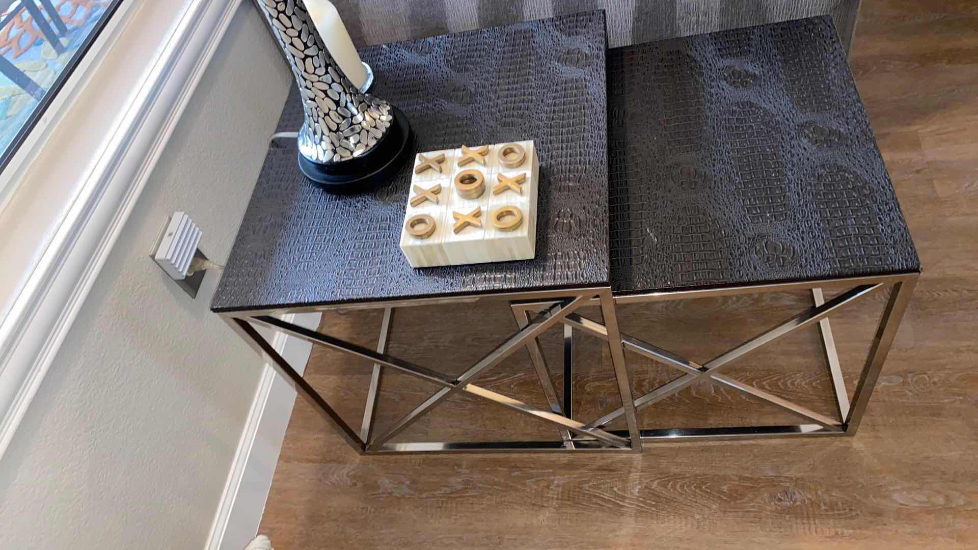 Photo 1 of $800 URBAN CHIC  EMBOSSED LEATHER BLACK AND CHROME STACKING TABLES LARGEST 20” X 20” H 20”