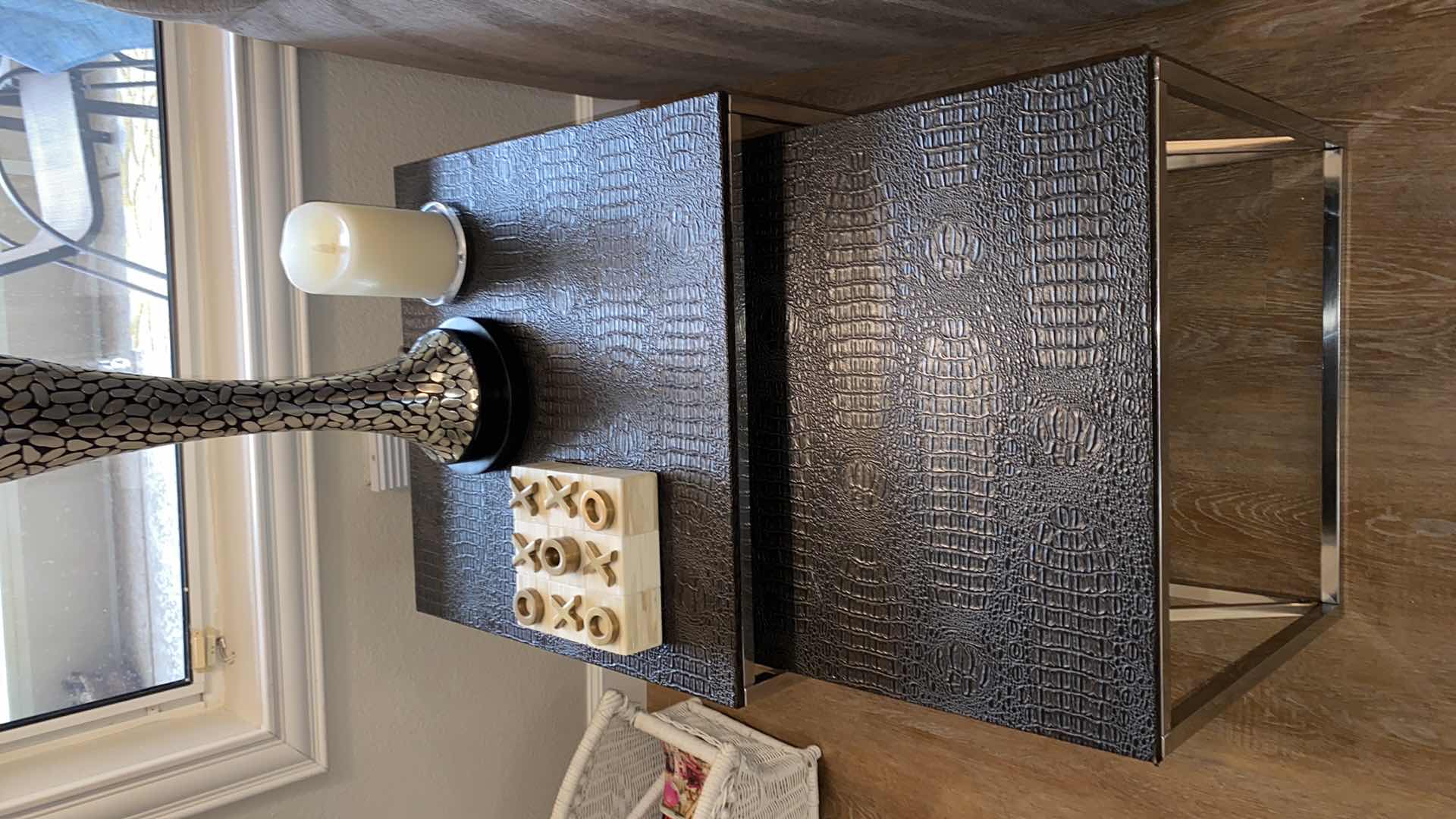 Photo 1 of $800 URBAN CHIC  EMBOSSED LEATHER BLACK AND CHROME STACKING TABLES LARGEST 20” X 20” H 20”