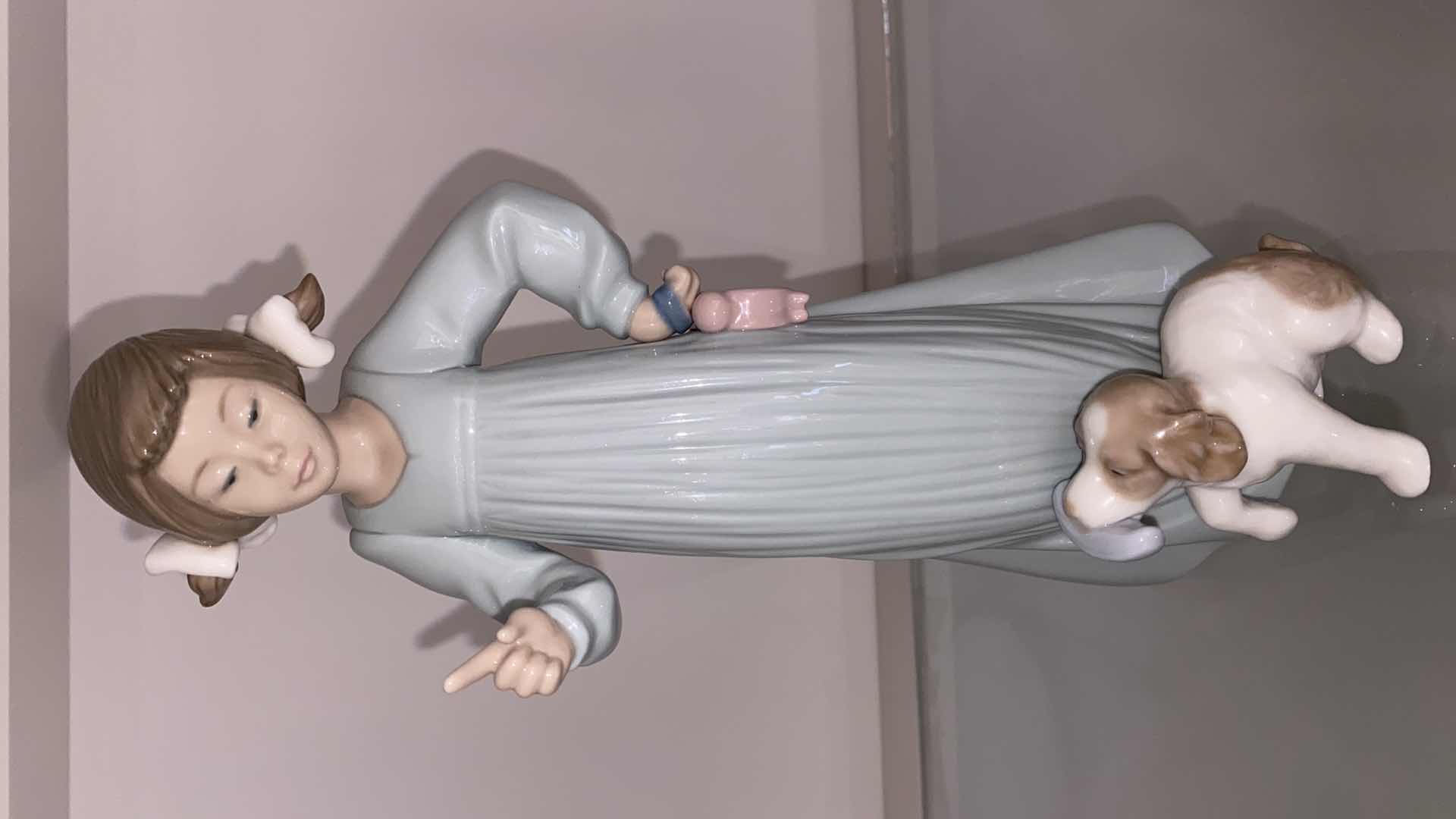 View 1 of 1991 NAO BY LLADRO GIRL WITH PUP FIGURINE H 10.5”
