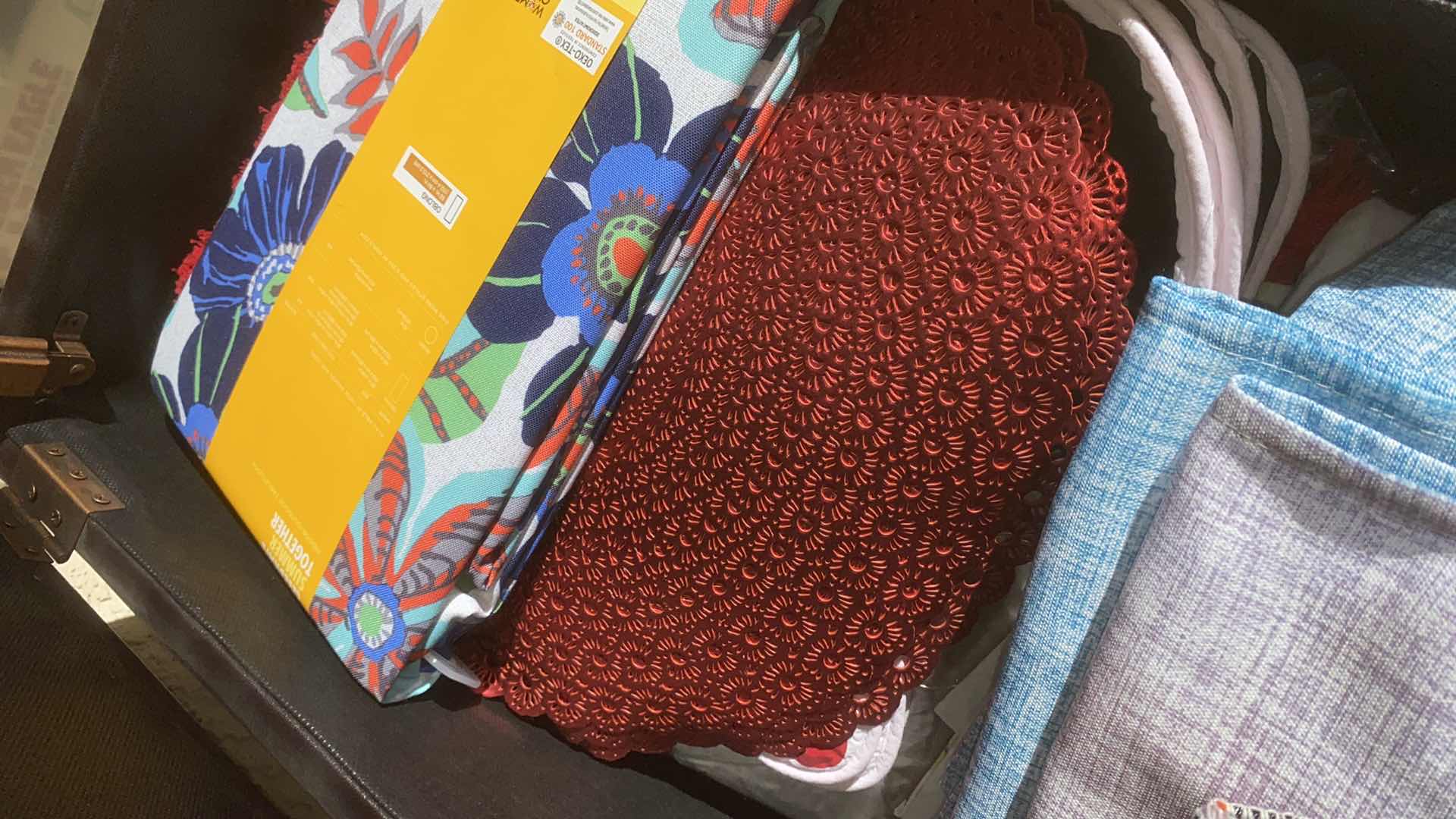 Photo 1 of BONDED LEATHER OTTOMAN 37“ x 17“ H 19” WITH TABLECLOTHS AND PLACEMATS