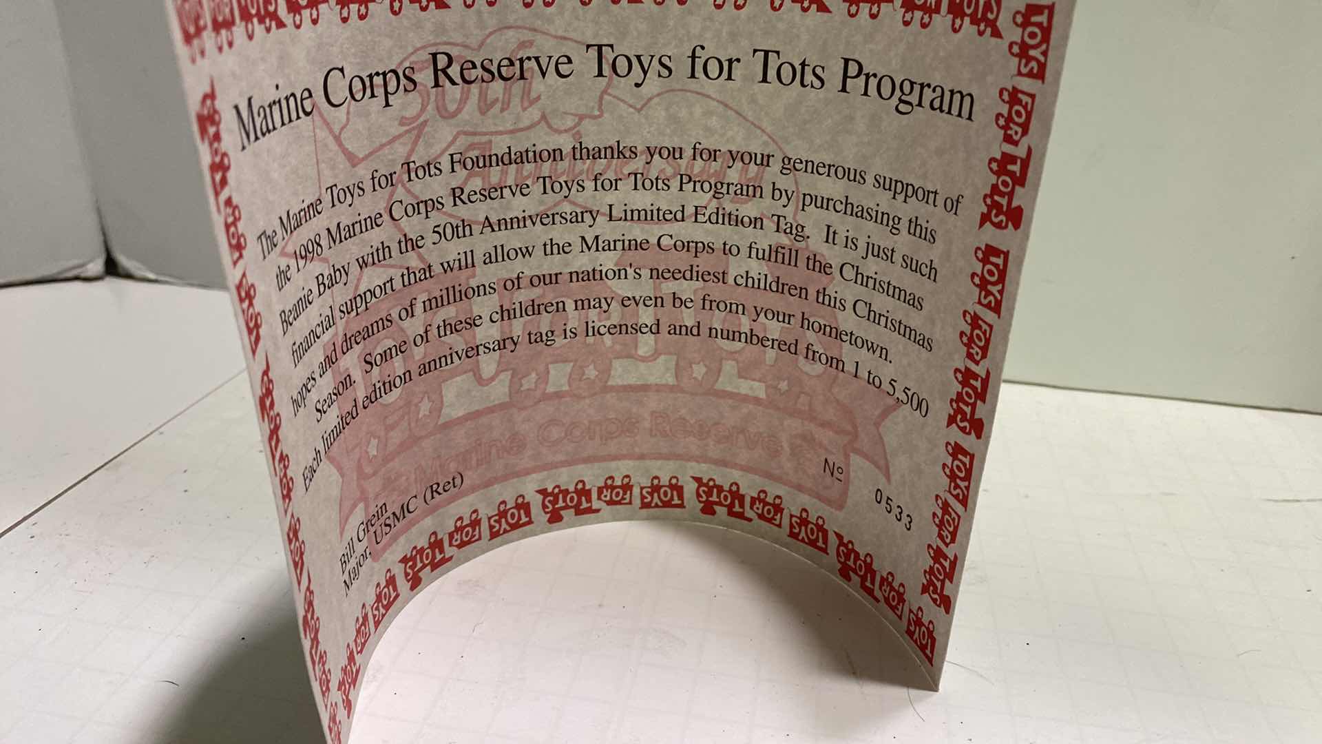 Photo 1 of RARE TOYS FOR TOTS 50th ANNIVERSARY TY VALENTINO BEAR #533/5,500 WITH COA, ORIGINAL COST $250