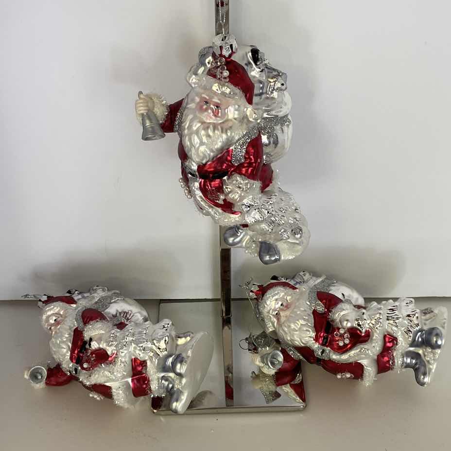 Photo 1 of $42  3-GLASS SANTA ORNAMENTS FROM DILLARDS 7”