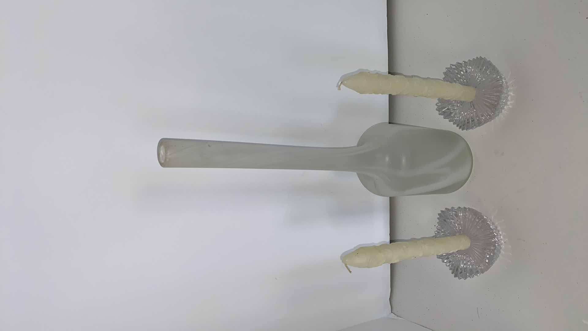 Photo 1 of MIKASA CRYSTAL CANDLESTICKS WITH CANDLES AND ART-GLASS VASE H 19”