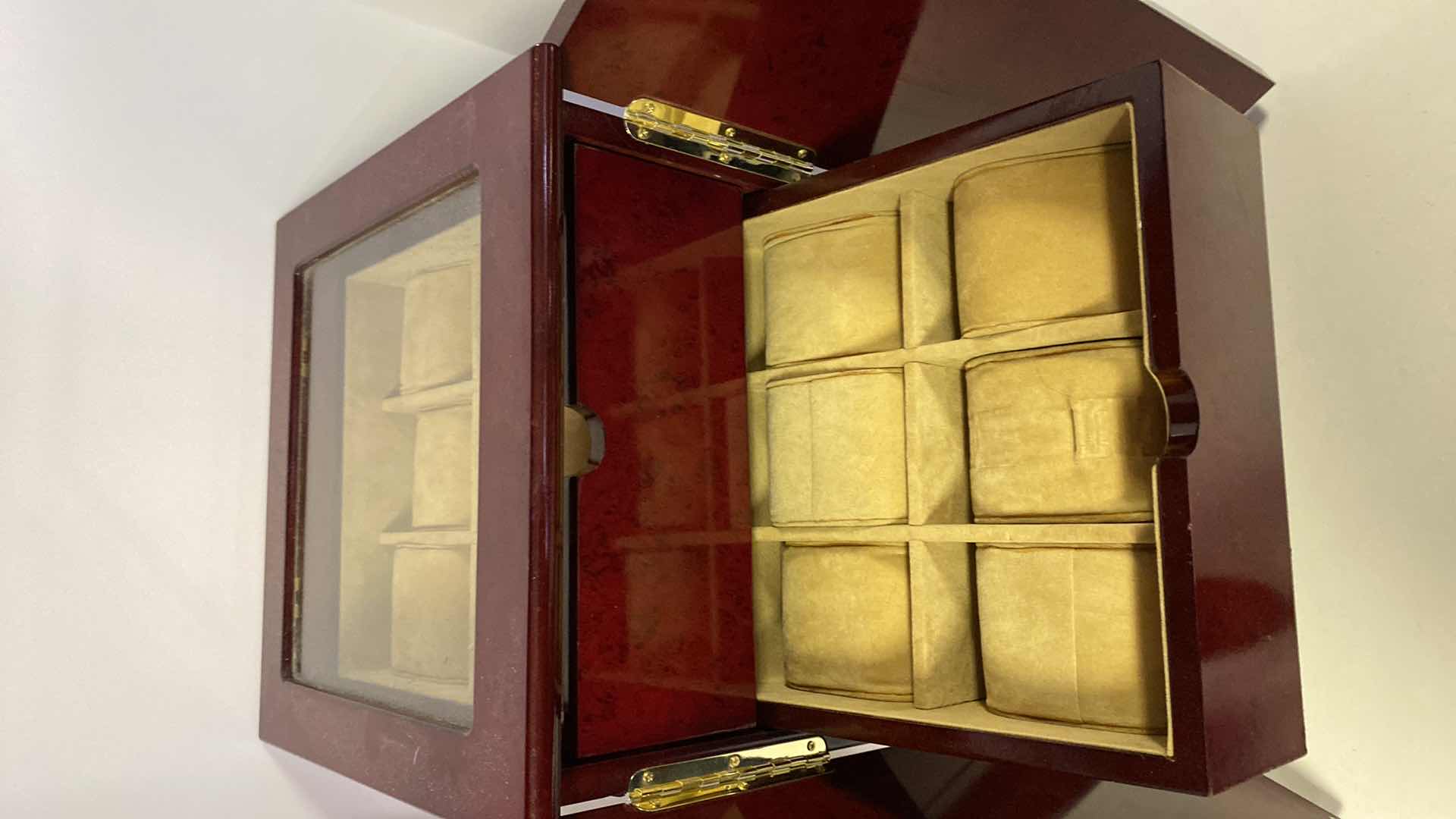 Photo 1 of THOMAS PACCONI CLASSIC DESKTOP BURL WOOD 18 WATCH ORGANIZER AND JEWELRY CASE