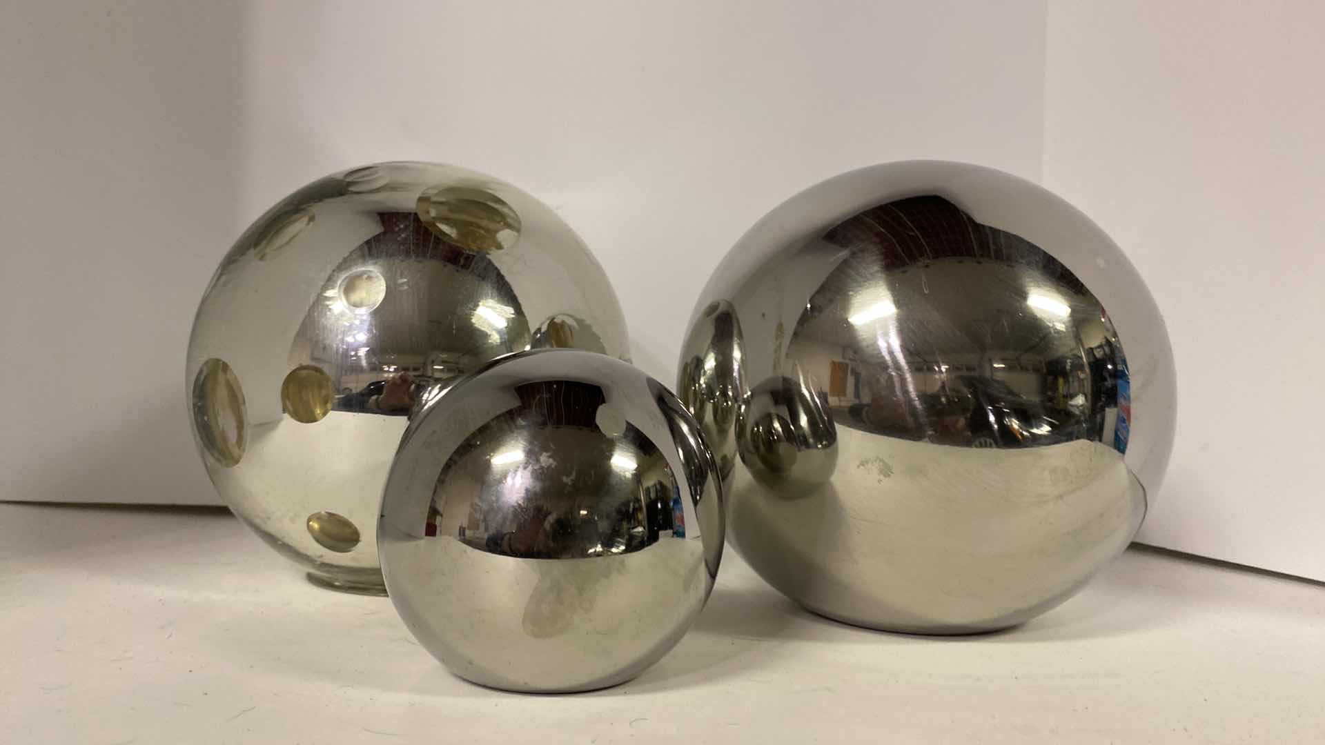 Photo 1 of 3-GLASS SILVER SPHERES LARGEST 6.5”
