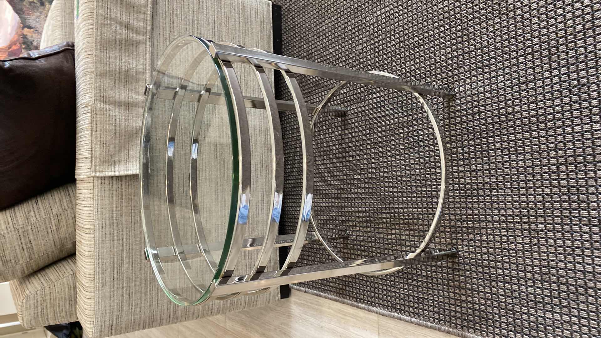Photo 2 of MODERN ROUND NICKEL AND GLASS SIDE TABLE 18” x 21”