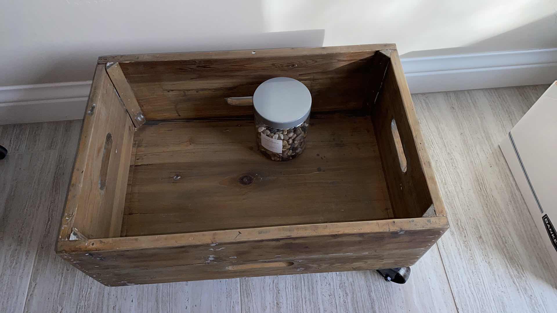 Photo 1 of ROLLING WOOD BOX  23 1/2“ x 16“ H 12 “ AND JAR OF ROCK DECOR