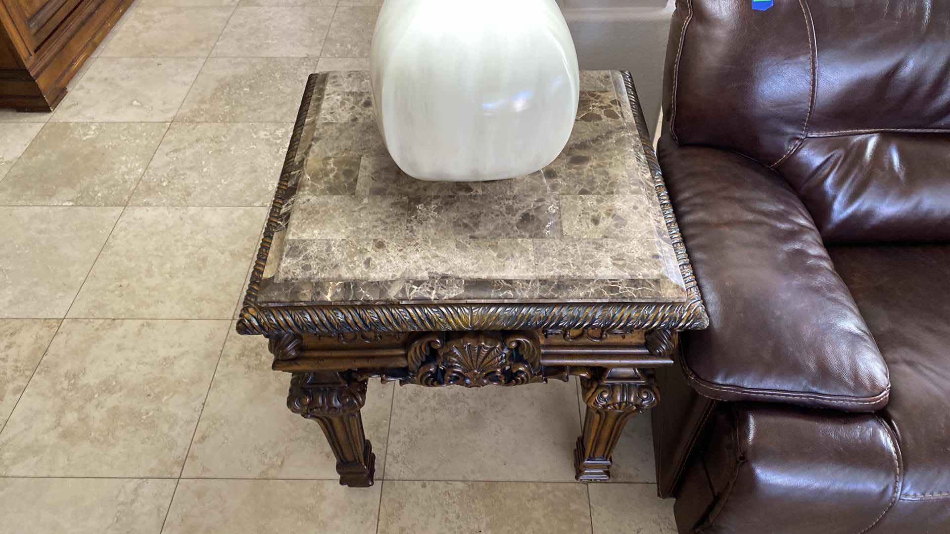 Photo 1 of ORNATE WOOD AND EMPERADOR PIECED MARBLE END TABLE 28” x 28” H 28”