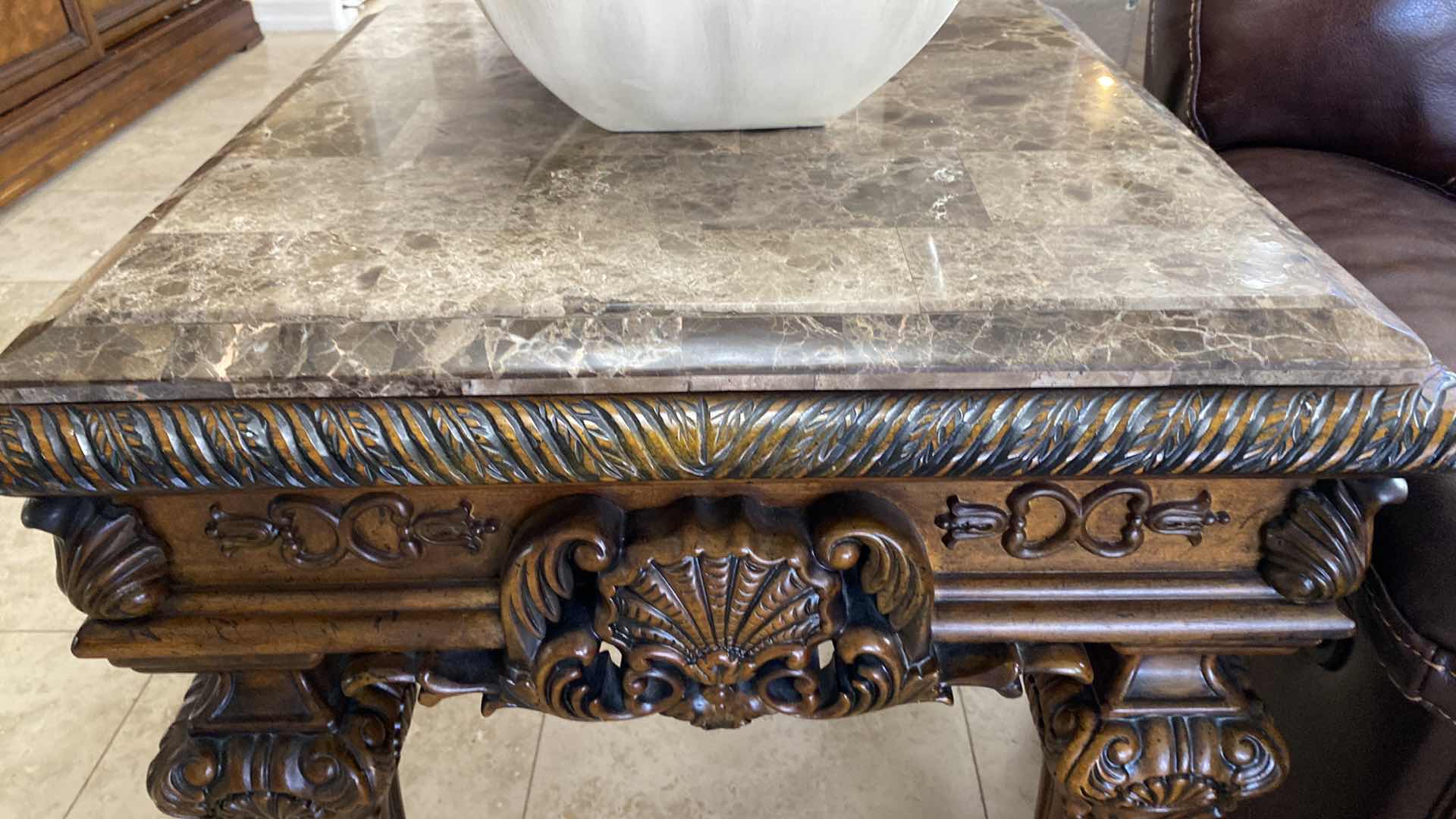 Photo 1 of ORNATE WOOD AND EMPERADOR PIECED MARBLE END TABLE 28” x 28” H 28”