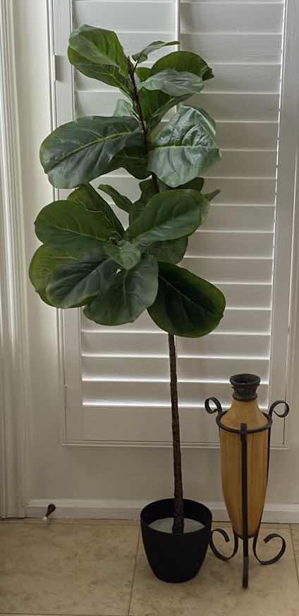 Photo 1 of FAUX TREE H 5’ AND RESIN VASE IN IRON HOLDER H 23”