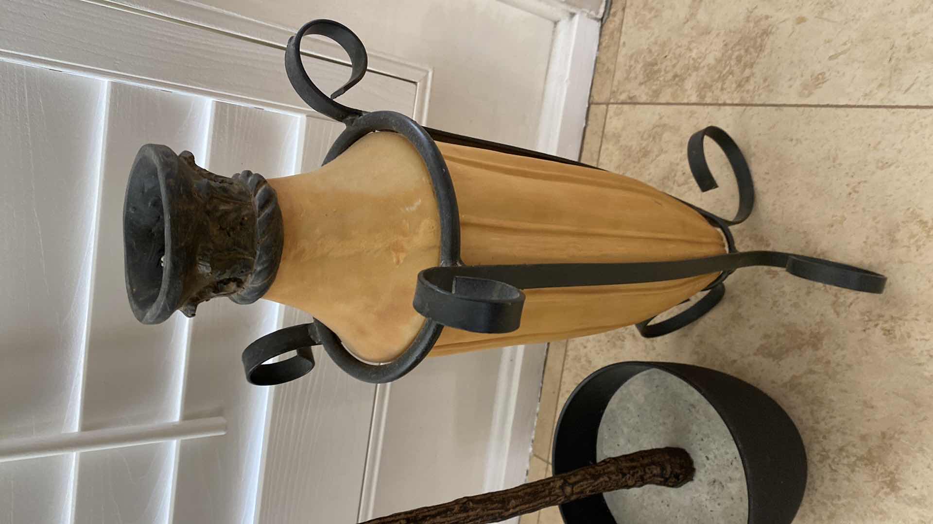 Photo 1 of FAUX TREE H 5’ AND RESIN VASE IN IRON HOLDER H 23”