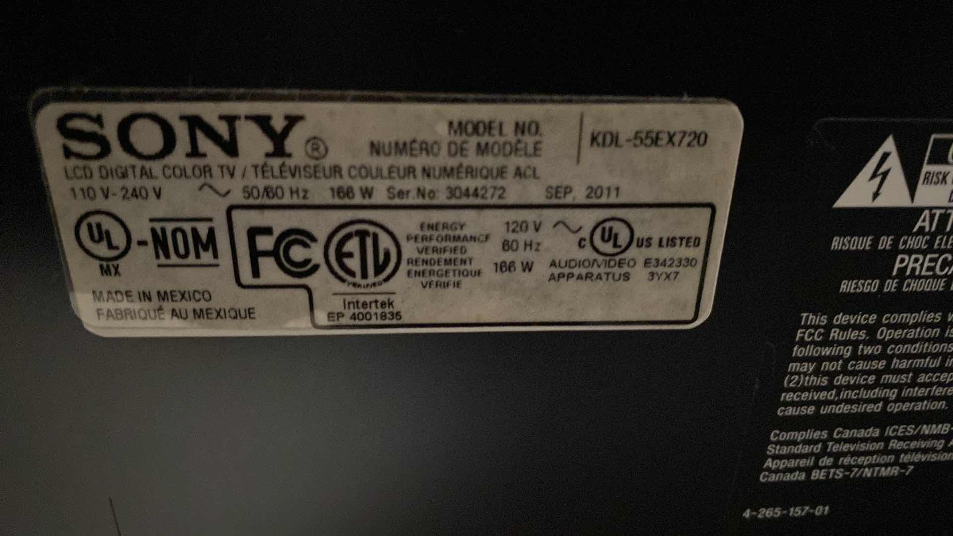 Photo 1 of SONY BRAVIA TV 54” WITH 3D GLASSES AND PANASONIC BLUE RAY DISC PLAYER WITH REMOTE- NO REMOTE FOR TV