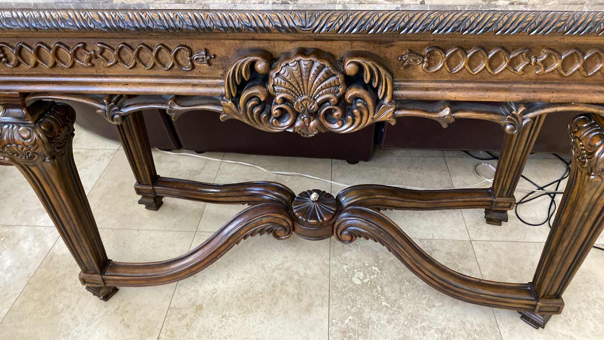 Photo 1 of ORNATE WOOD AND PIECED EMPERADOR MARBLE TOP CONSOLE TABLE 54 1/2“ x 21 1/2“ H 35 1/2”