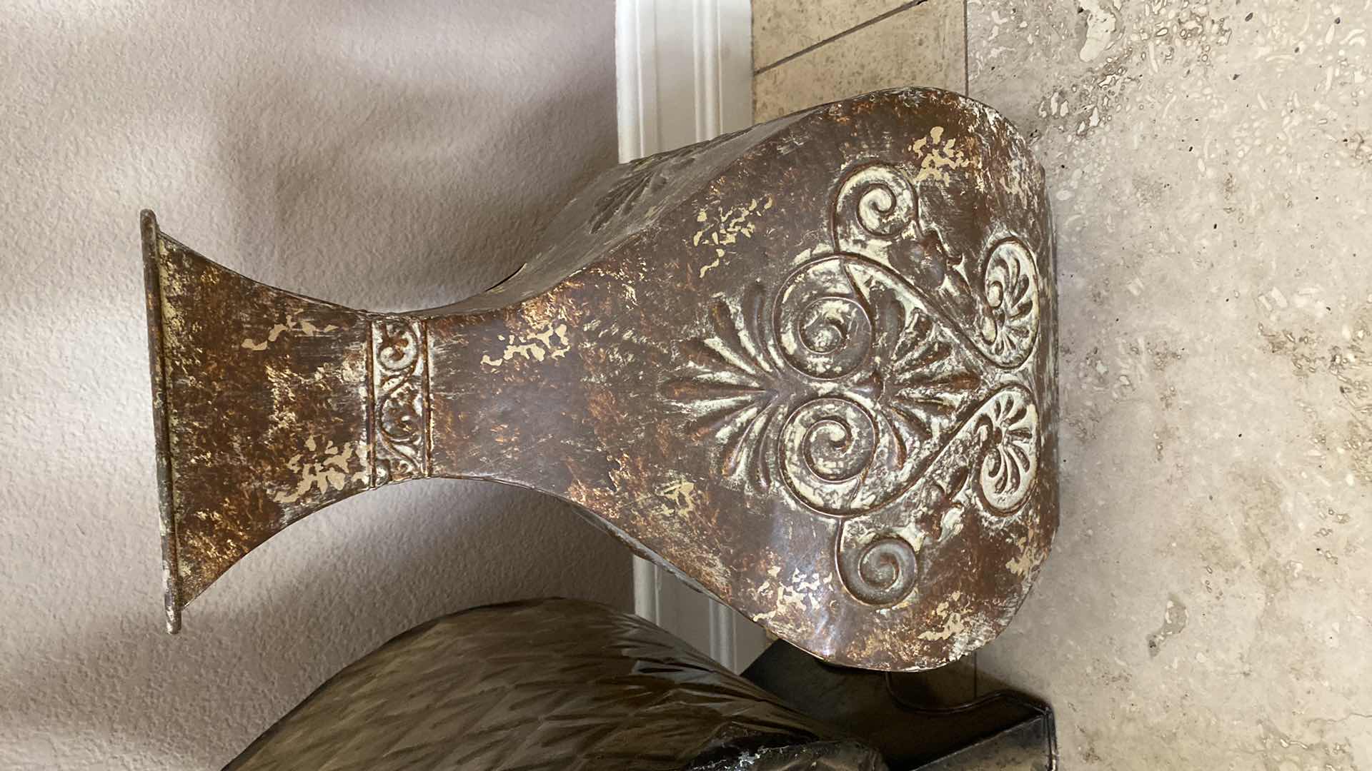 Photo 1 of PAIR OF ALUMINUM VASES TALLEST H 37” INCLUDES FAUX FLOWERS