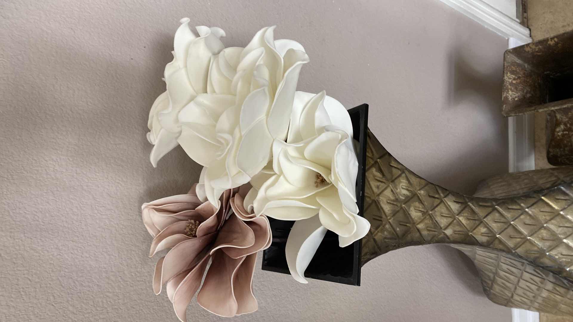 Photo 1 of PAIR OF ALUMINUM VASES TALLEST H 37” INCLUDES FAUX FLOWERS