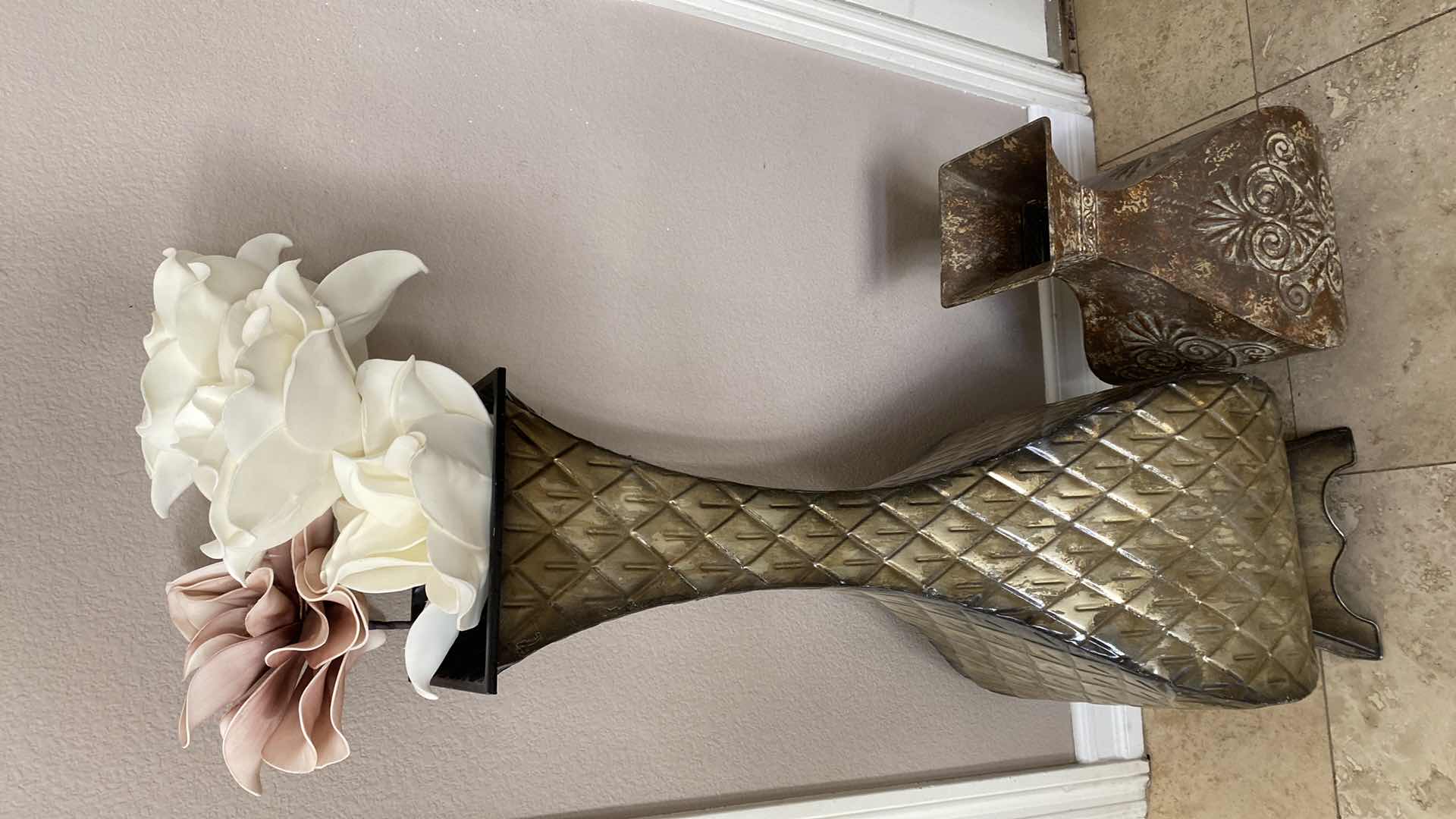 Photo 1 of PAIR OF ALUMINUM VASES TALLEST H 37” INCLUDES FAUX FLOWERS