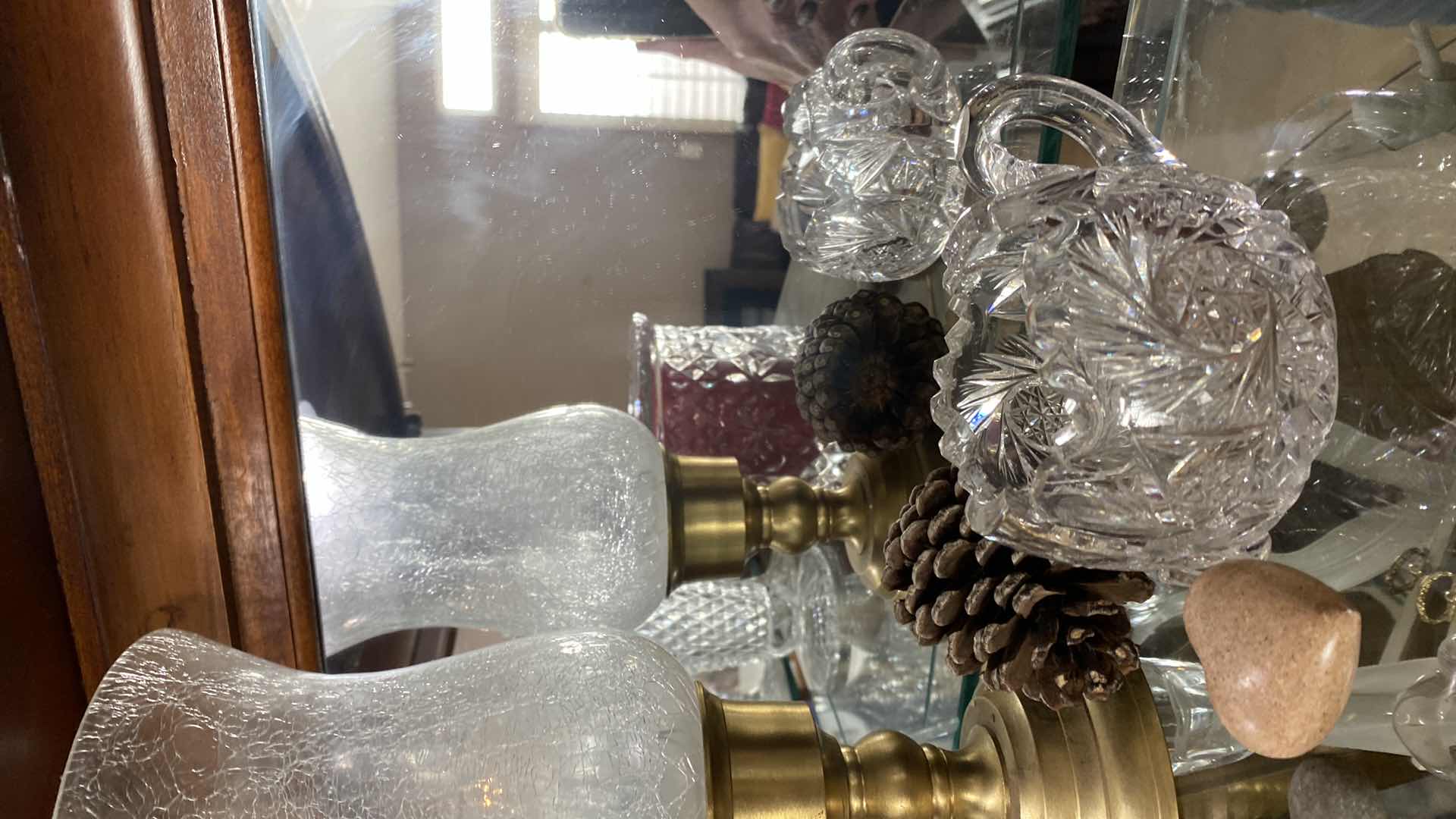 Photo 1 of SHELF CRYSTAL ASSORTMENT AND GLASS HURRICANE