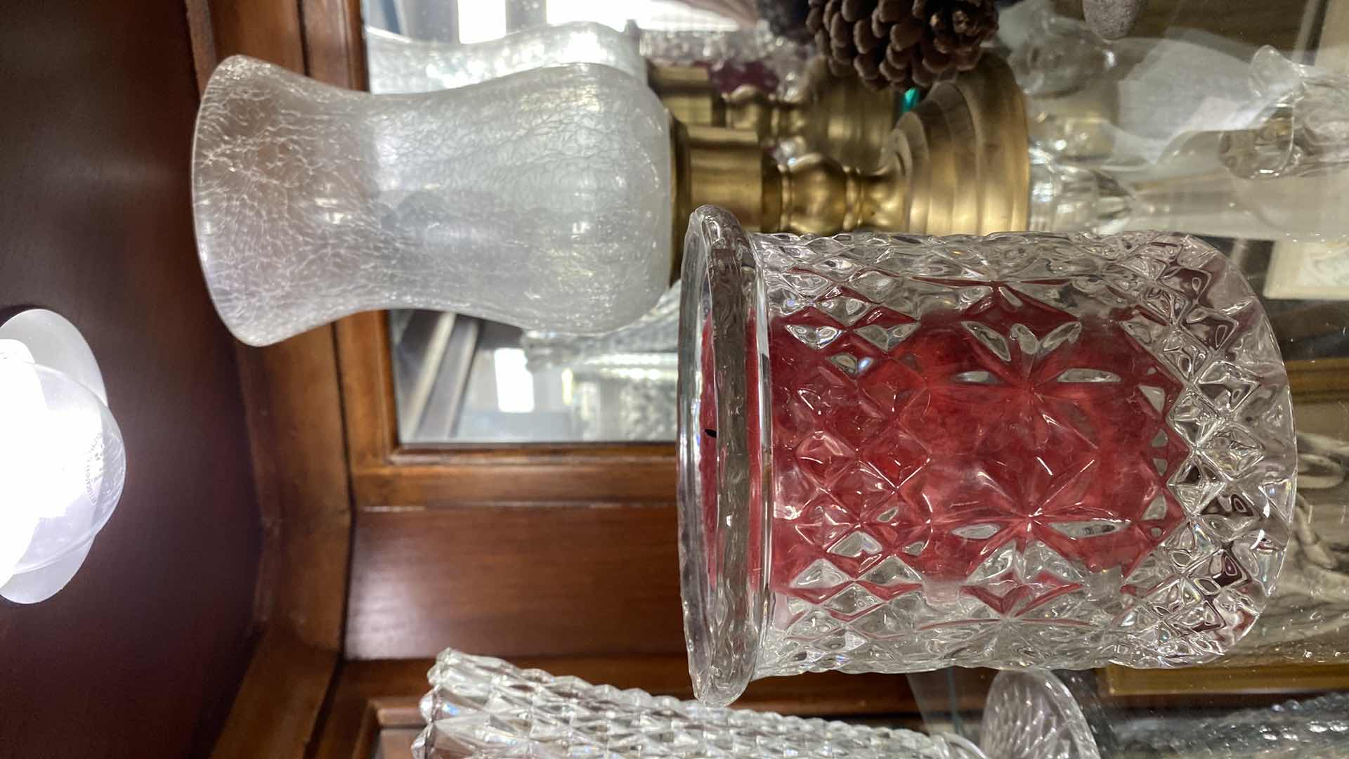 Photo 1 of SHELF CRYSTAL ASSORTMENT AND GLASS HURRICANE