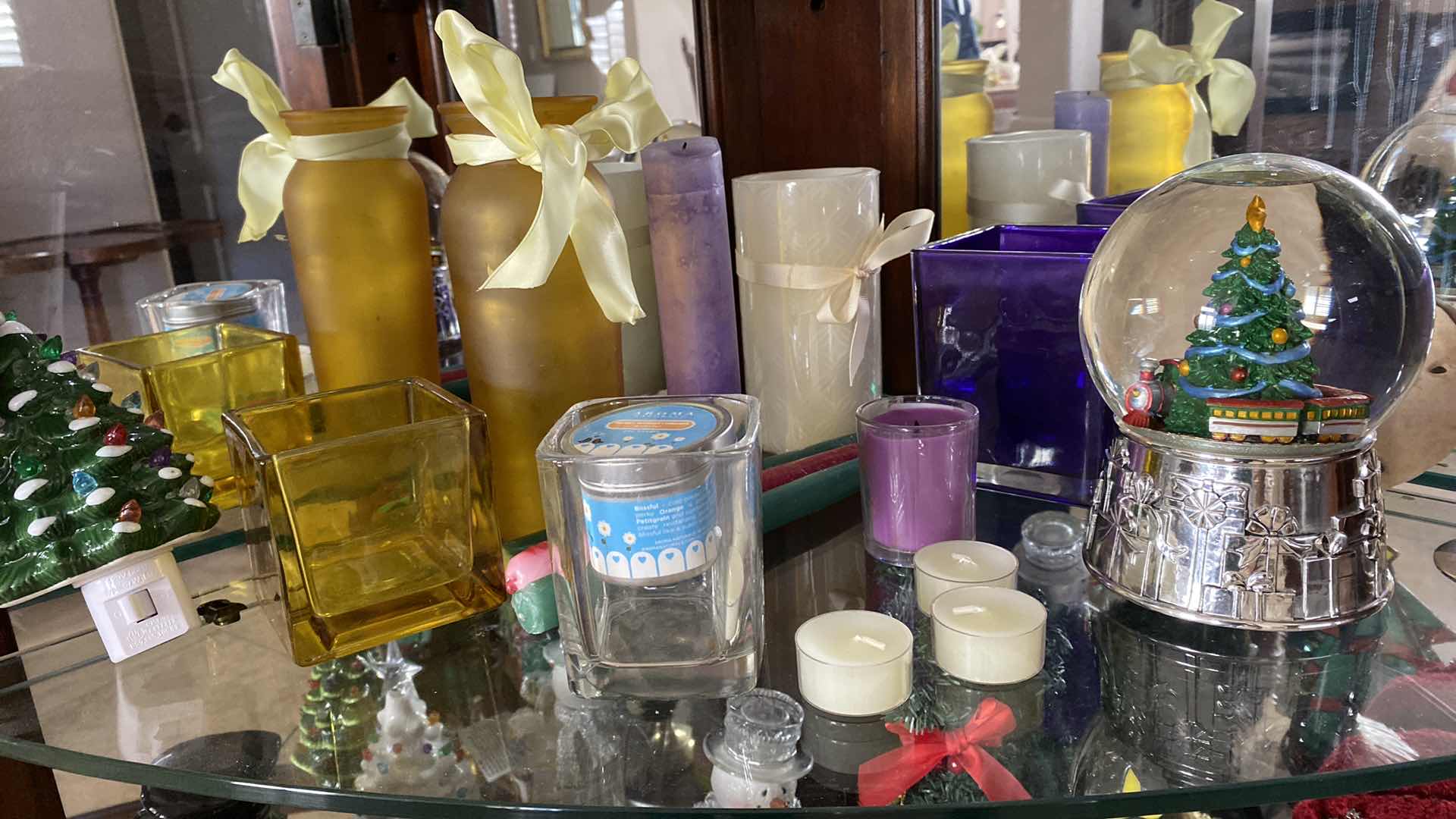 Photo 1 of SHELF WITH SNOW GLOBE, TREE NIGHT LIGHT, VASES AND MORE