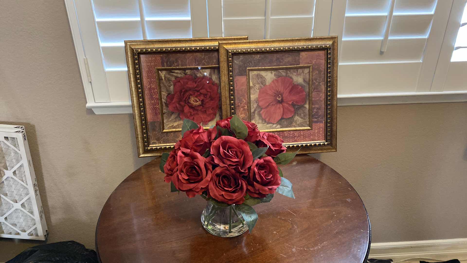 Photo 1 of PAIR OF FRAMED FLORAL ARTWORK 15“ x 15“ CANDLEHOLDER AND FAUC ROSES