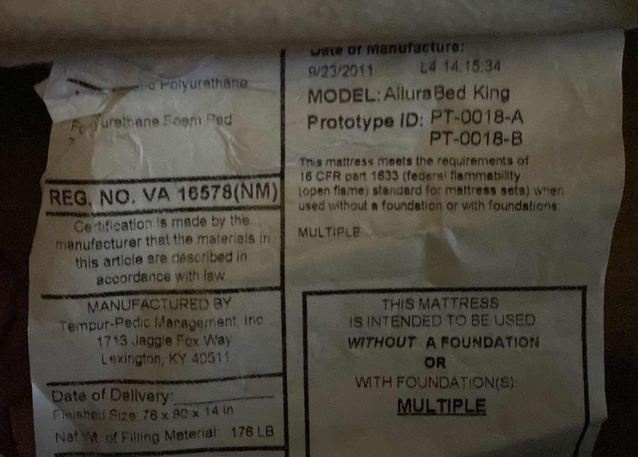 Photo 2 of ALLURE KING TEMPERPEDIC MATTRESS - BEDFRAME NOT INCLUDED