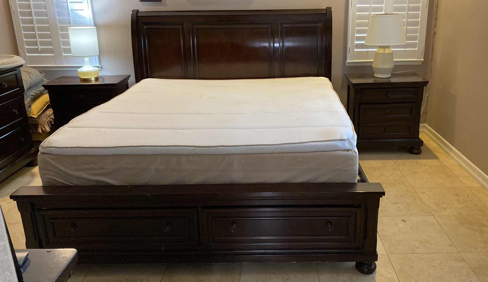 View 1 of KING/CAL KING SLEIGH-BED WITH 2 STORAGE DRAWERS 81 1/2” x 94” H 57” AND 2 NIGHT STANDS 29” x 18” H 30” (LAMPS AND MATTRESS SOLD SEPARATELY)