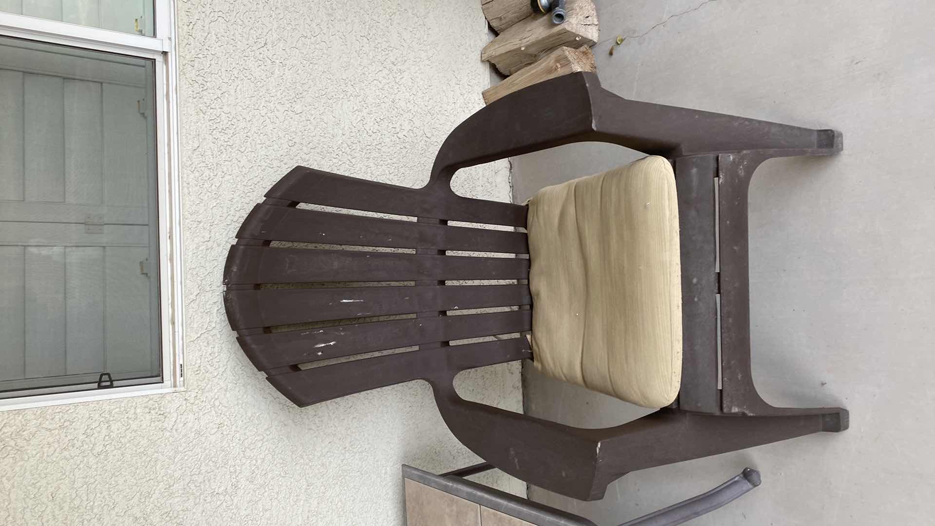 Photo 1 of PAIR OF RESIN ADIRONDACK CHAIRS WITH TABLE -CHIP ON TABLE