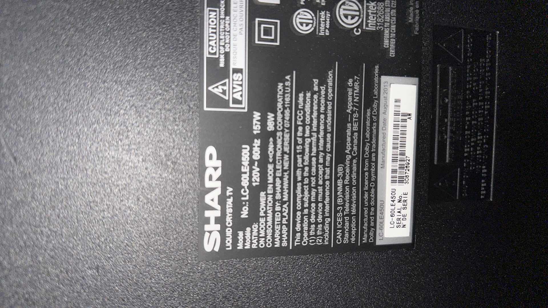 Photo 1 of 60" SHARP TV MODEL LC-60LE450U (USED)