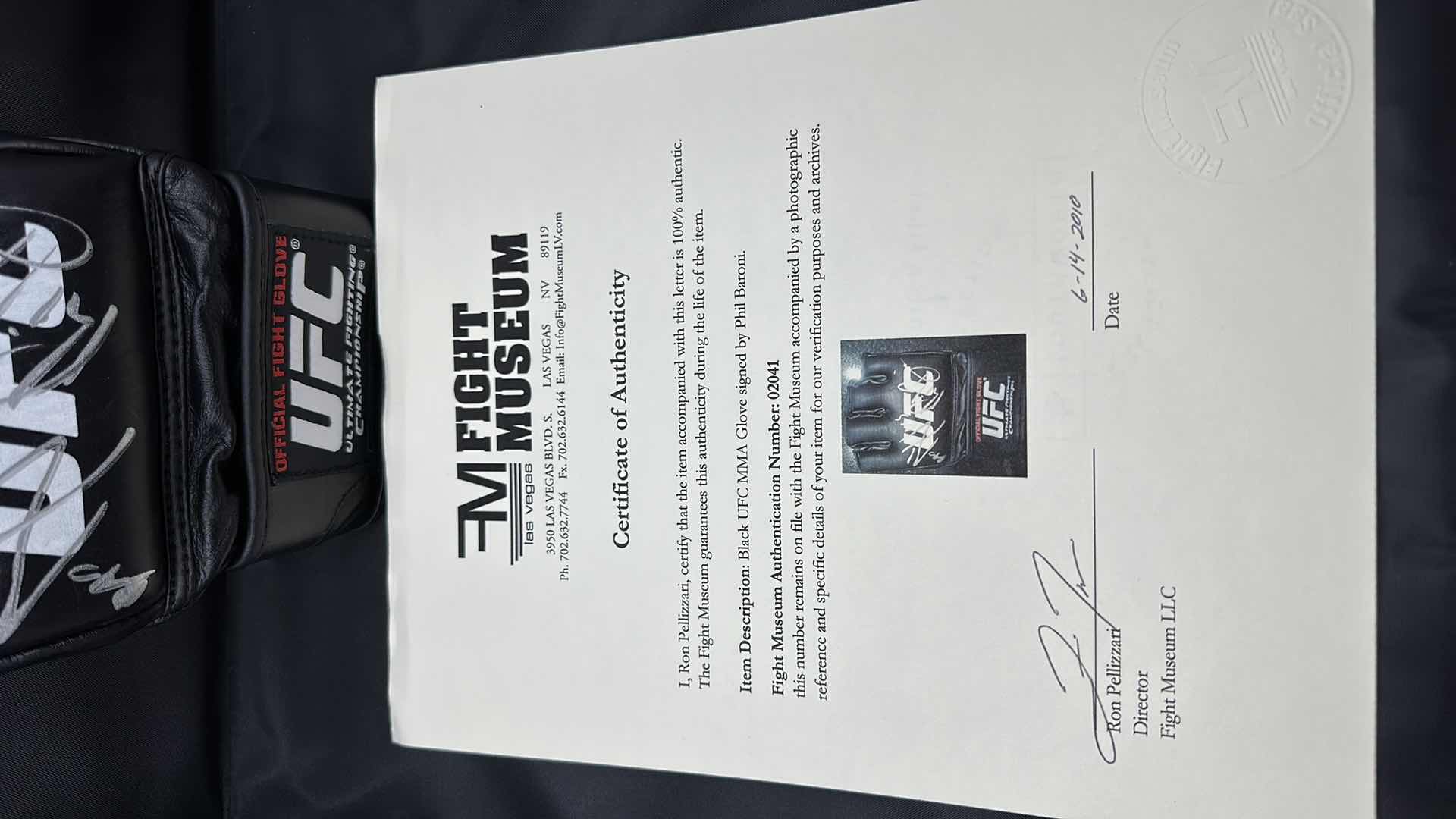 Photo 1 of PHIL BARONI SIGNED UFC GLOVE W COA