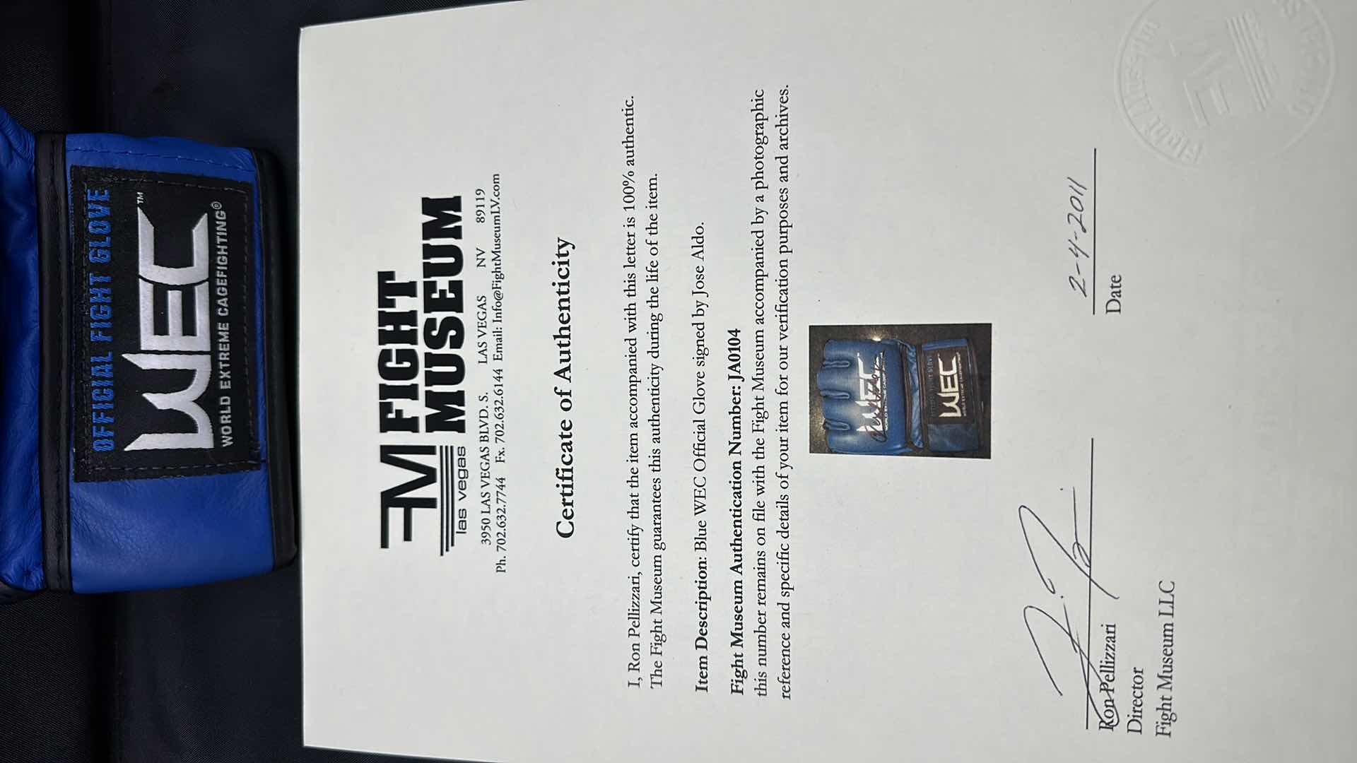 Photo 1 of JOSE ALDO SIGNED WEC GLOVE W COA